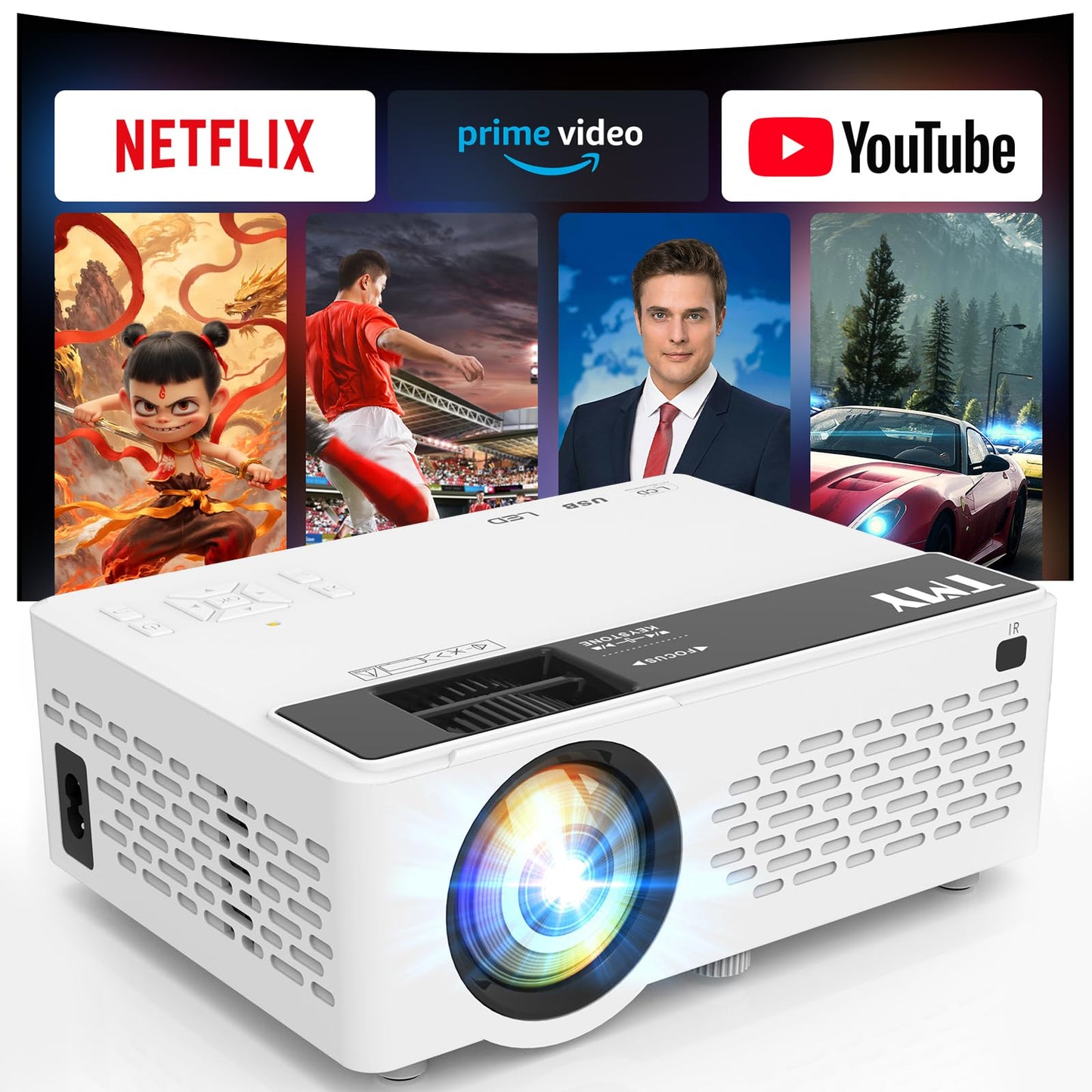TMY 1080P Full HD Portable Mini Projector, Bluetooth Movie Projector, Compatible with TV Stick/Smartphone/PC/Game Console/HDMI/USB, Indoor & Outdoor Use