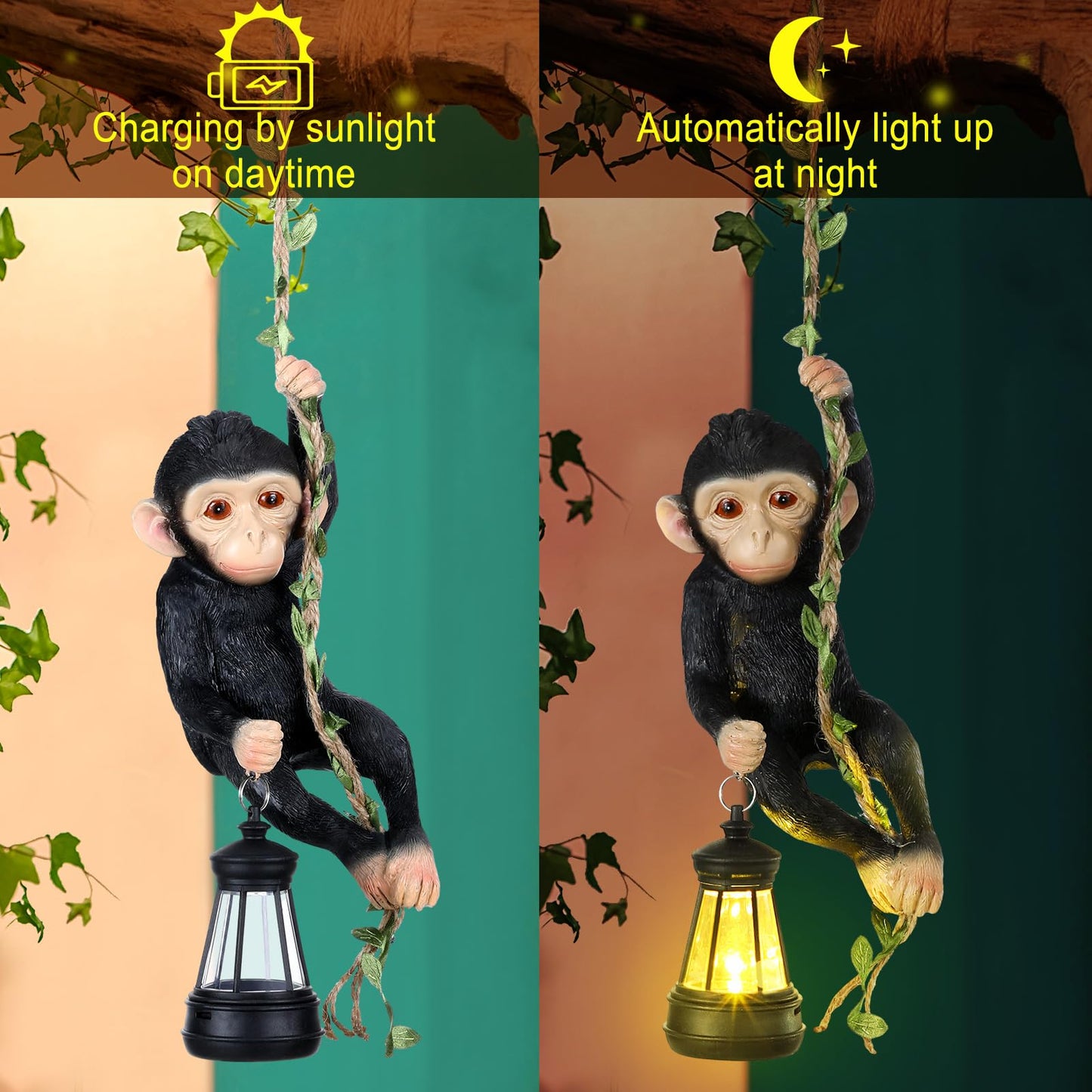 Rossesay Solar Light Outdoor Statues 7.48'' H Resin Chimpanzee Baby Monkey Climbing On A 19.68" L Vine with LED Lantern Waterproof Hanging Monkey Figurine with Hook for Yard Garden Wall