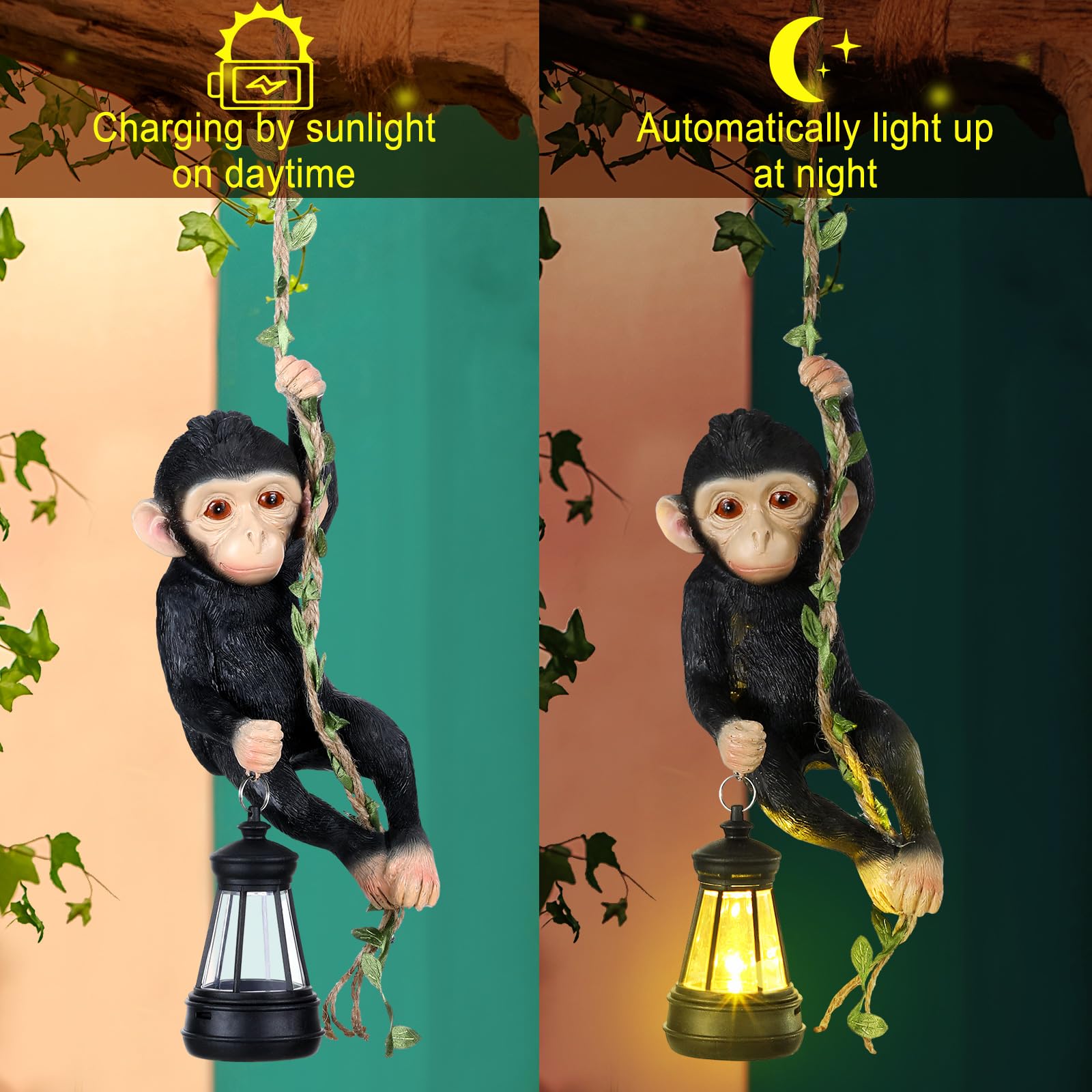 Rossesay Solar Light Outdoor Statues 7.48'' H Resin Chimpanzee Baby Monkey Climbing On A 19.68" L Vine with LED Lantern Waterproof Hanging Monkey Figurine with Hook for Yard Garden Wall