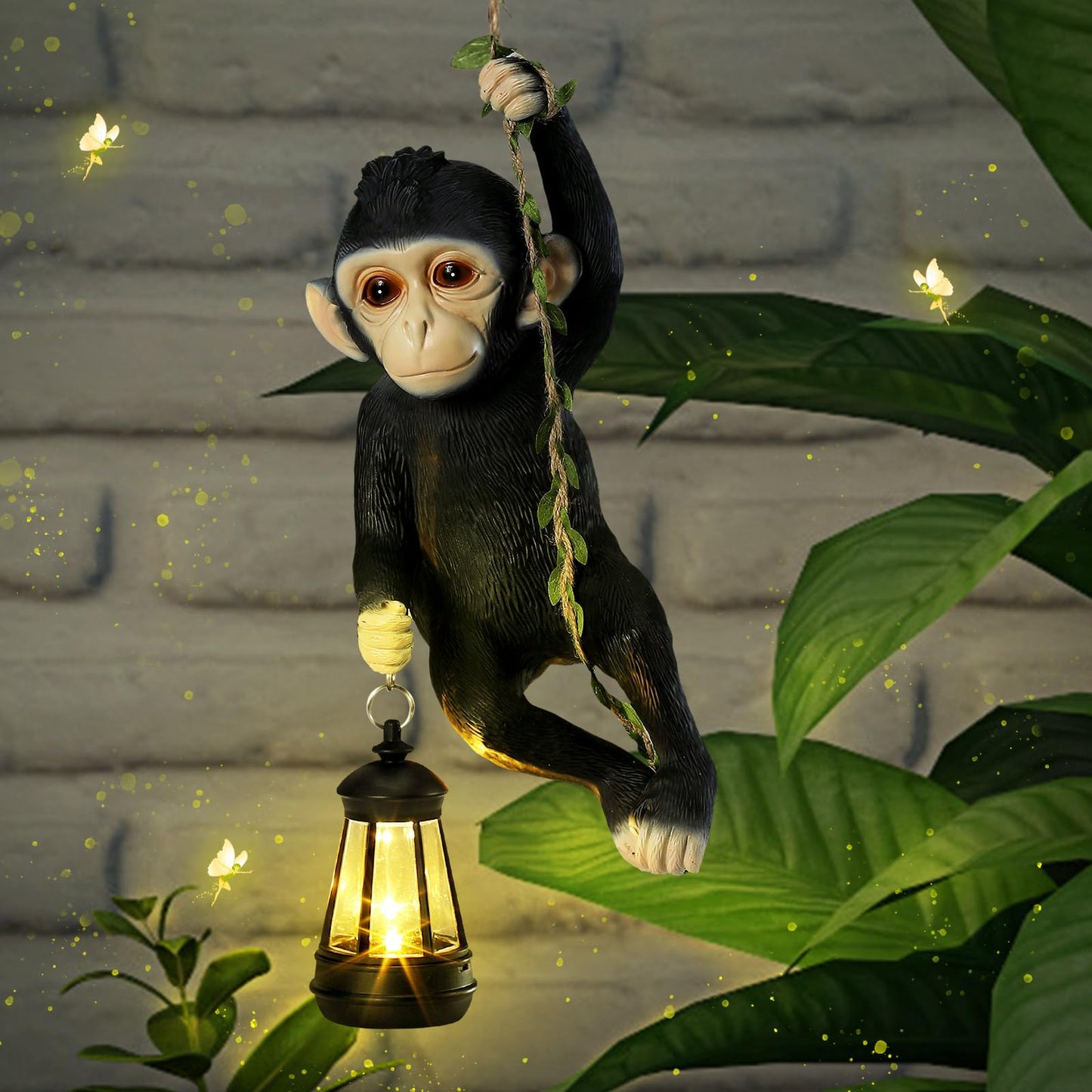 Rossesay Solar Light Outdoor Statues 7.48'' H Resin Chimpanzee Baby Monkey Climbing On A 19.68" L Vine with LED Lantern Waterproof Hanging Monkey Figurine with Hook for Yard Garden Wall