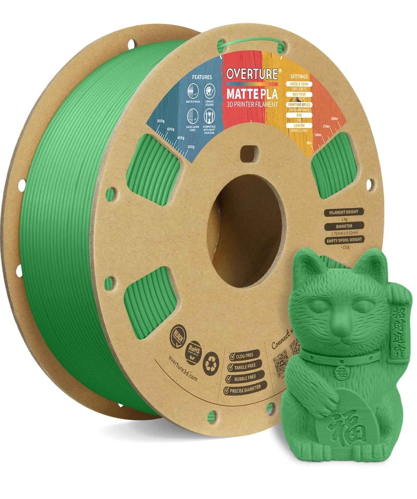 OVERTURE Matte PLA 3D Printer Filament 1.75mm, Matt Surface & Low Warping Filament 1kg Spool (2.2 lbs), Accuracy +/- 0.02 mm, Fit Most FDM Printers