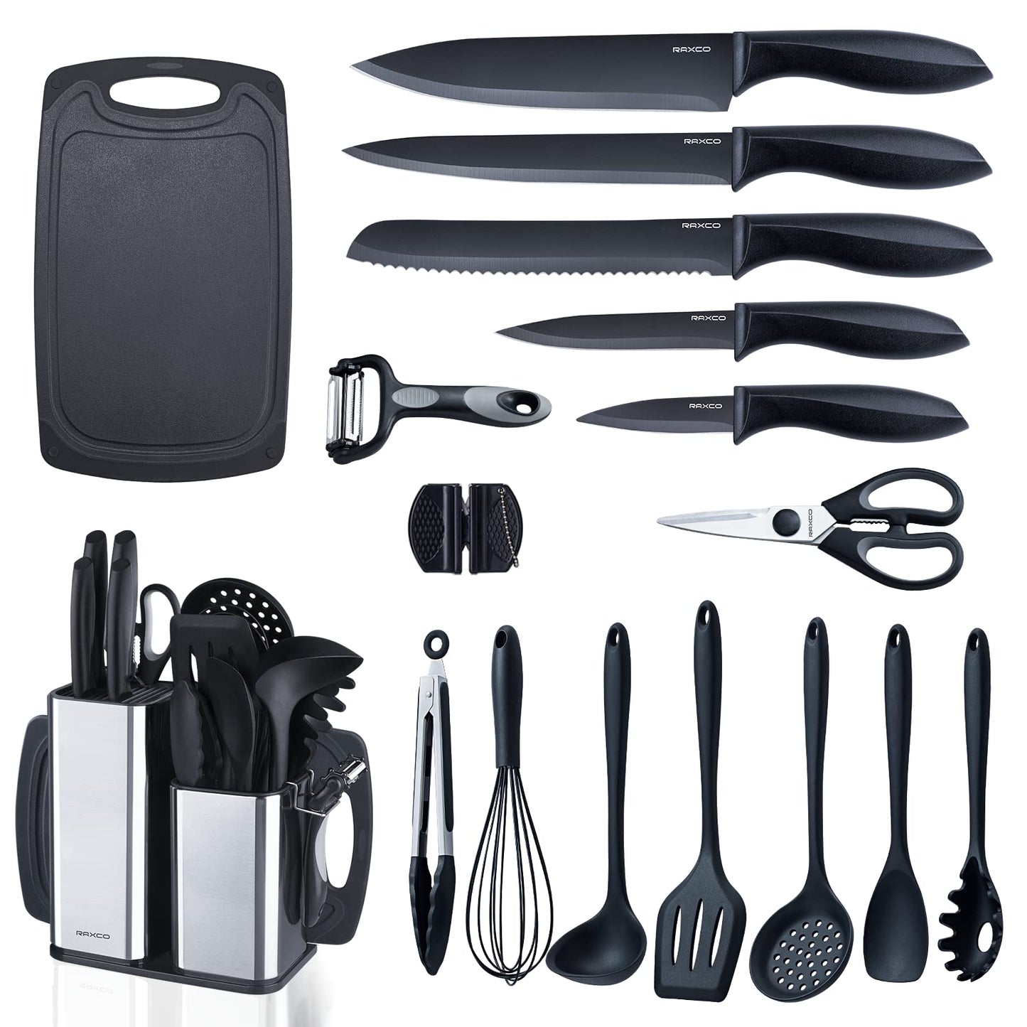 RAXCO Kitchen Utensils Set For Cooking-7 Cooking Utensils,5 Kitchen Utensils,6 Knife set,utensilios de cocina(18-in-1)