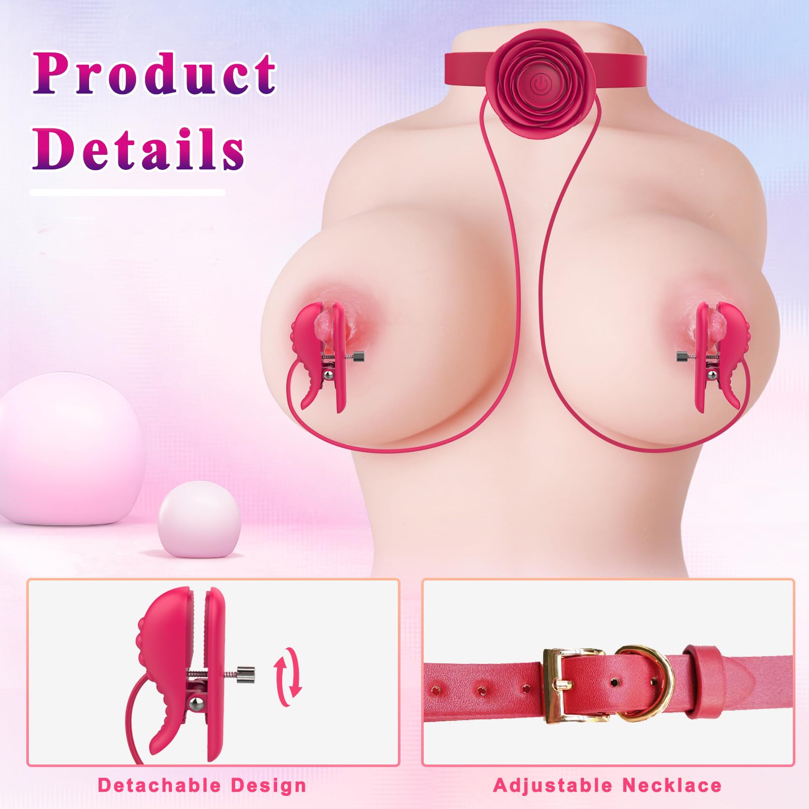 Nipple Toys Vibrator with BDSM Rose Necklace Sex Toys, Collahelper Nipple Clamps Sex Pleasure Tools for Women Couples, Adjustable Nipple Clips Vibrators with BDSM Choker Breast Flirting Stimulate