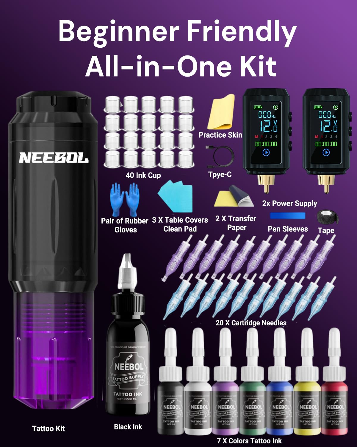 Neebol Wireless Tattoo Machine Kit 2 Batteries Purple