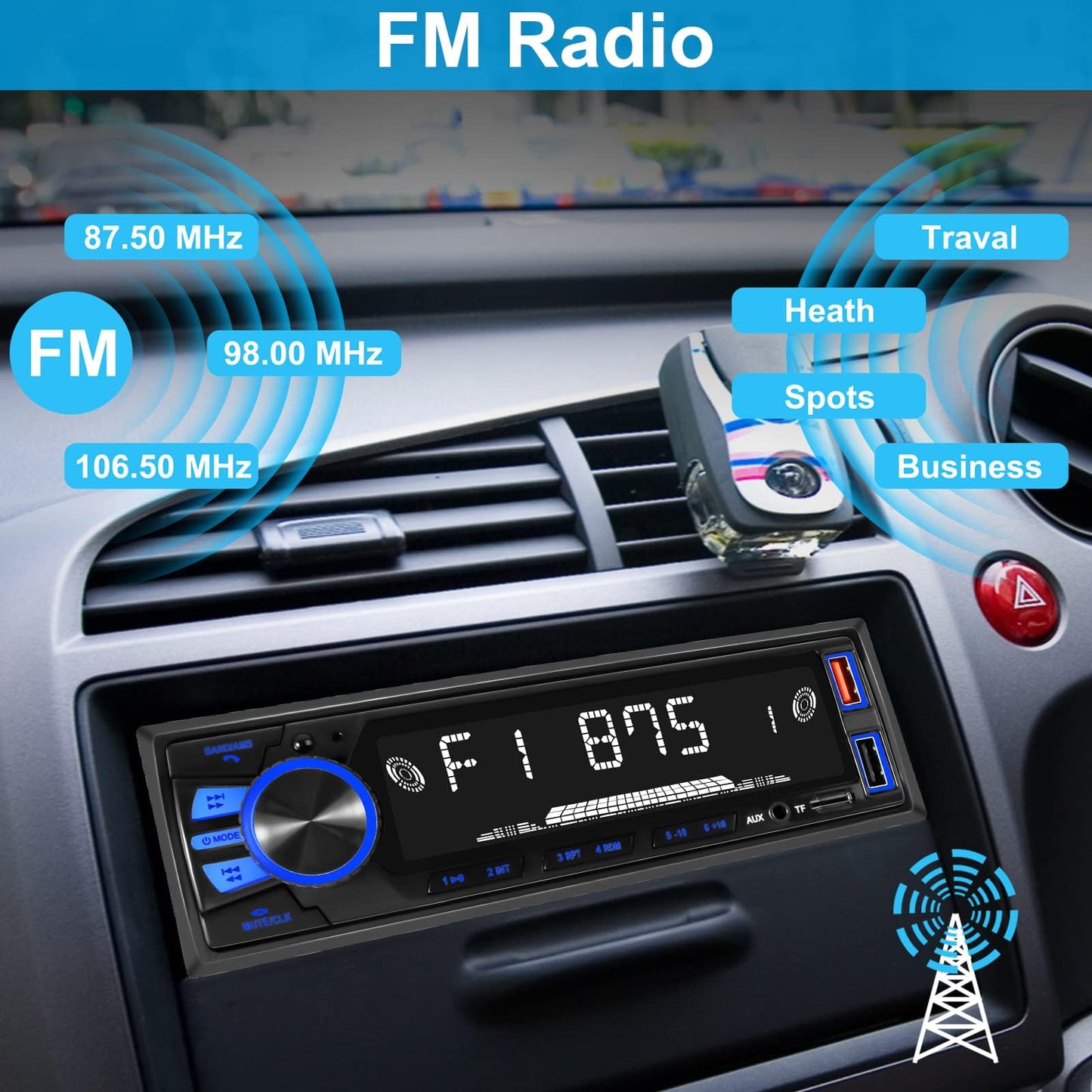 Car Radio Bluetooth Single DIN Car Stereo with Bluetooth,Car Audio with Push to Talk Button for Handsfree Calling,FM/ MP3/EQ/SD/AUX,Dual USB,iOS & Android App Control,7 LED Colors | No CD Player