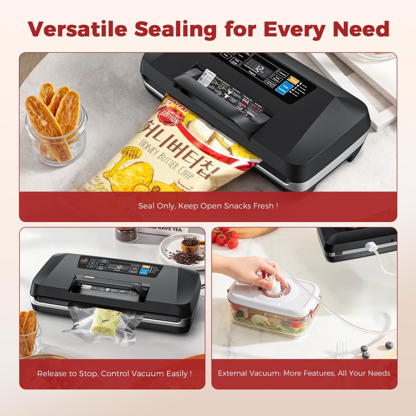 Vacuum Sealer for Food, 10 Modes 95KPa vacuum sealer for Wet/Dry Food, Automatic Food Vacuum Sealer Machine with Double Seal Strip