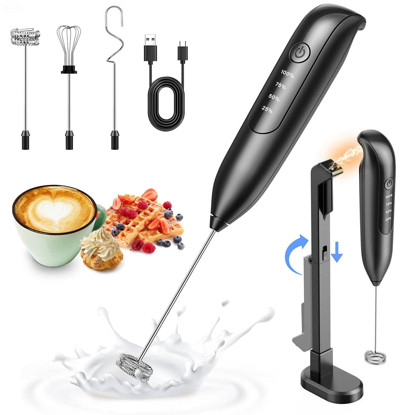 Yidianideals Electric Milk Frother Handheld: coffee frother rechargeable 3 in 1 - LED Display, Wireless Charging - 3 Speeds, Stainless Steel Whisk for Latte, Cappuccino - Onyx Black