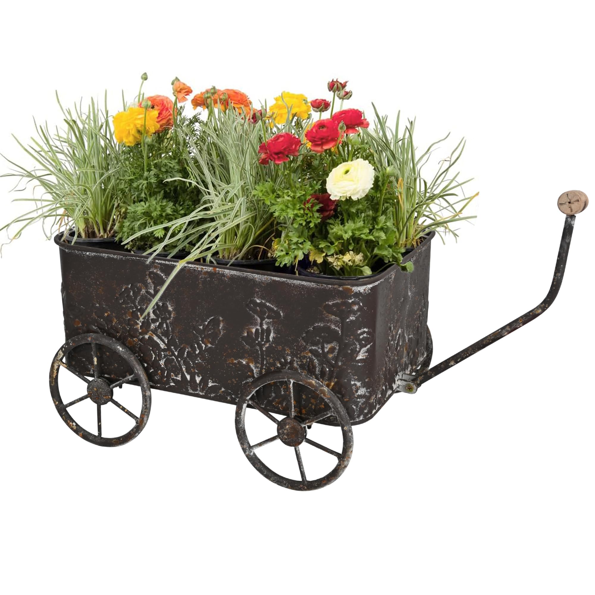 Zokyntrix Flower Cart with Wooden Handles, Metal Wagon Planters for Outdoor Plants, Garden Planter with Wagon Wheels, Decorative Wheelbarrow, Plant Cart for Patio Garden Balcony