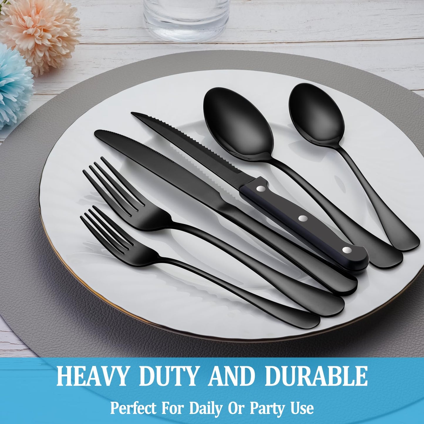 24 Pc Silverware Set with Steak Knives, Stainless Steel Flatware, Mirror Polished Cutlery, Dishwasher Safe