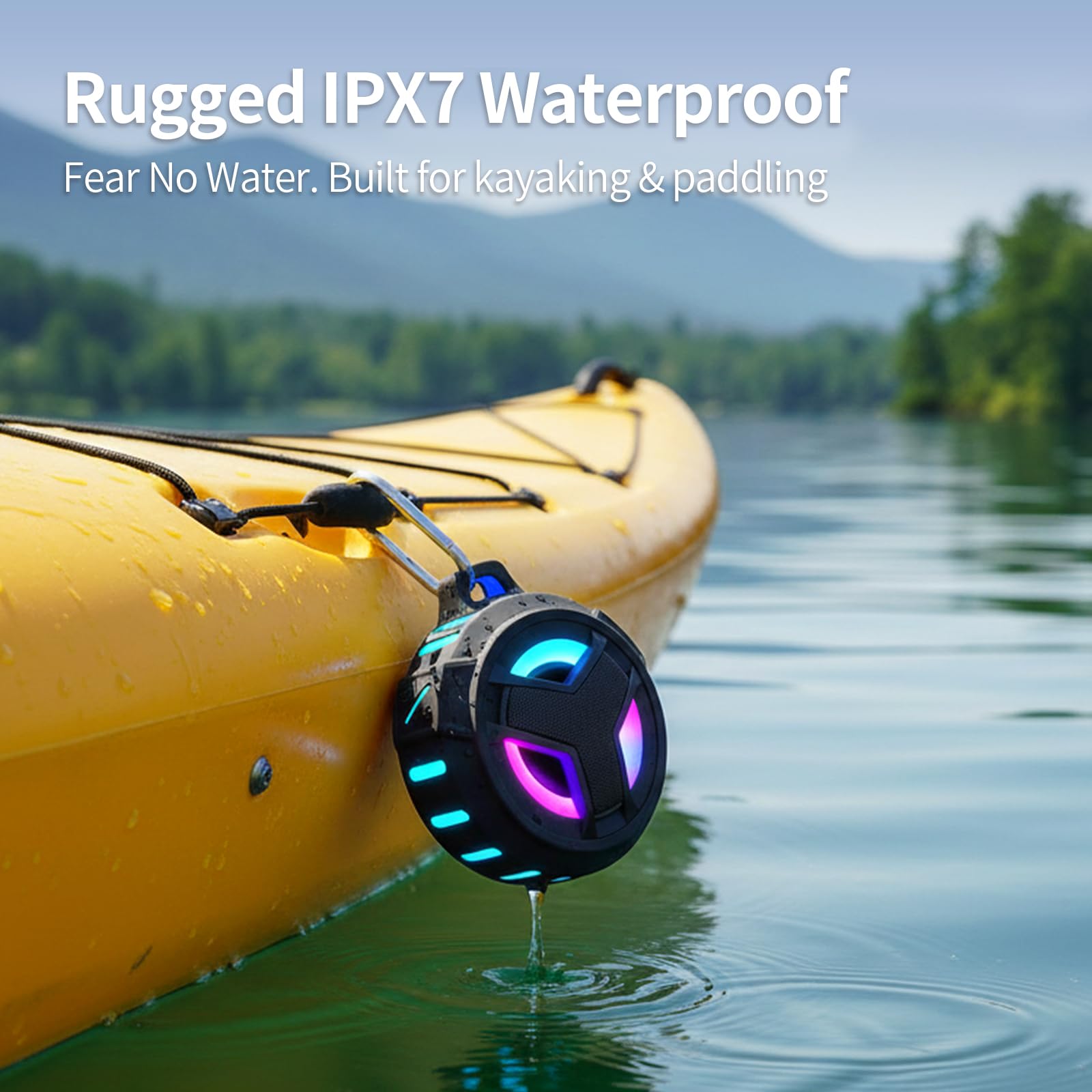 EBODA Shower Speaker, IP67 Waterproof Portable Bluetooth Speakers, TWS Speakers with Stereo Sound, Colorful LED Light and 2000mAh, Hands-Free Calling, Great for Shower, Pool, Beach, Hiking, Camping