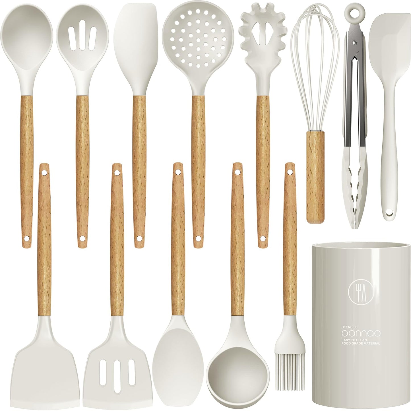 14 Pcs Silicone Cooking Utensils Kitchen Utensil Set - 446°F Heat Resistant,Turner Tongs, Spatula, Spoon, Brush, Whisk, Wooden Handle Gray Kitchen Gadgets with Holder for Nonstick Cookware (BPA Free)