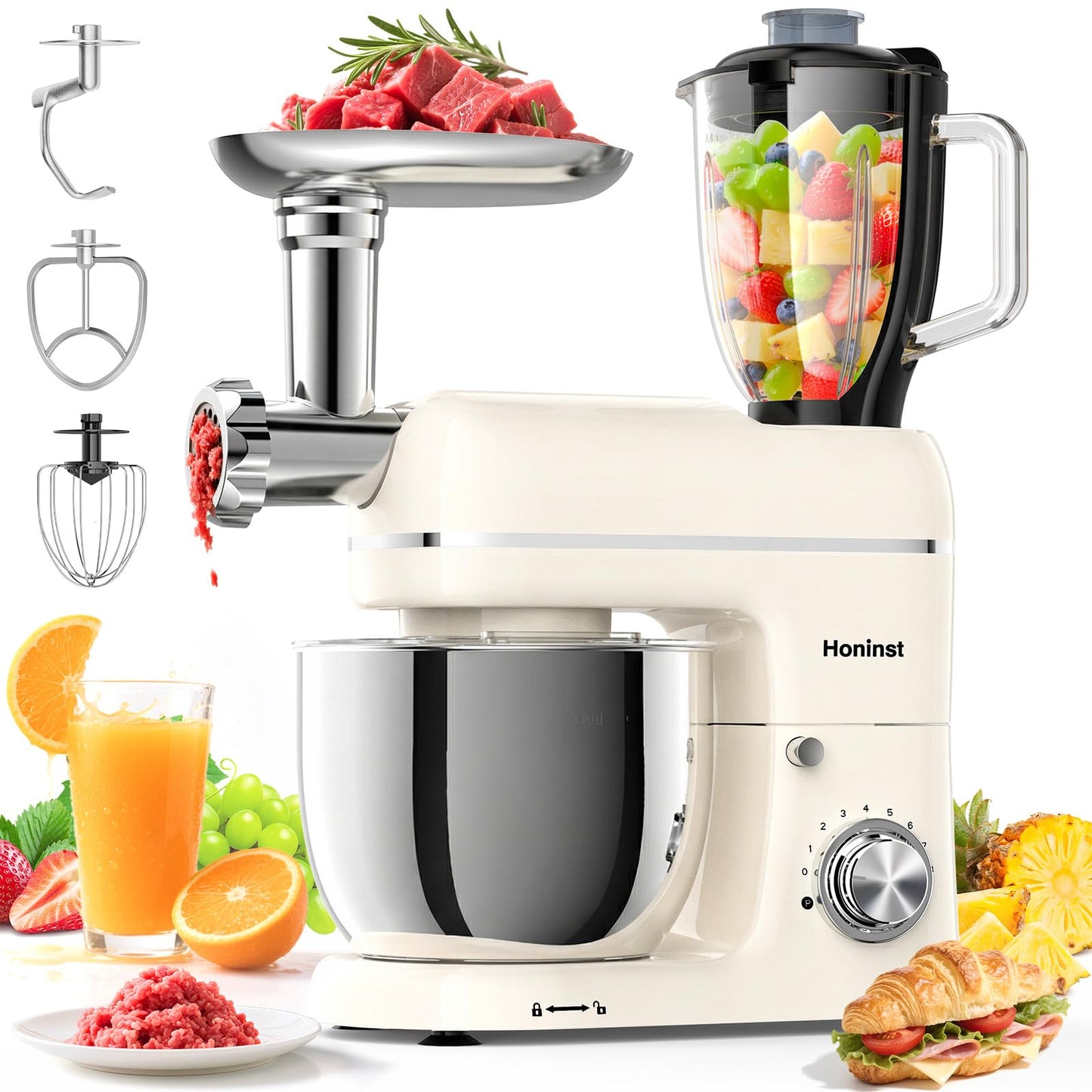 Honinst 7-IN-1 Multifunctional Stand Mixer, 6.5 QT 8-Speed Tilt-Head Kitchen Mixer, Electric Food Mixer with Meat Grinder, Juice Blender, Dough Hook, Beater, Whisk, Bowl for Most Home Cooks