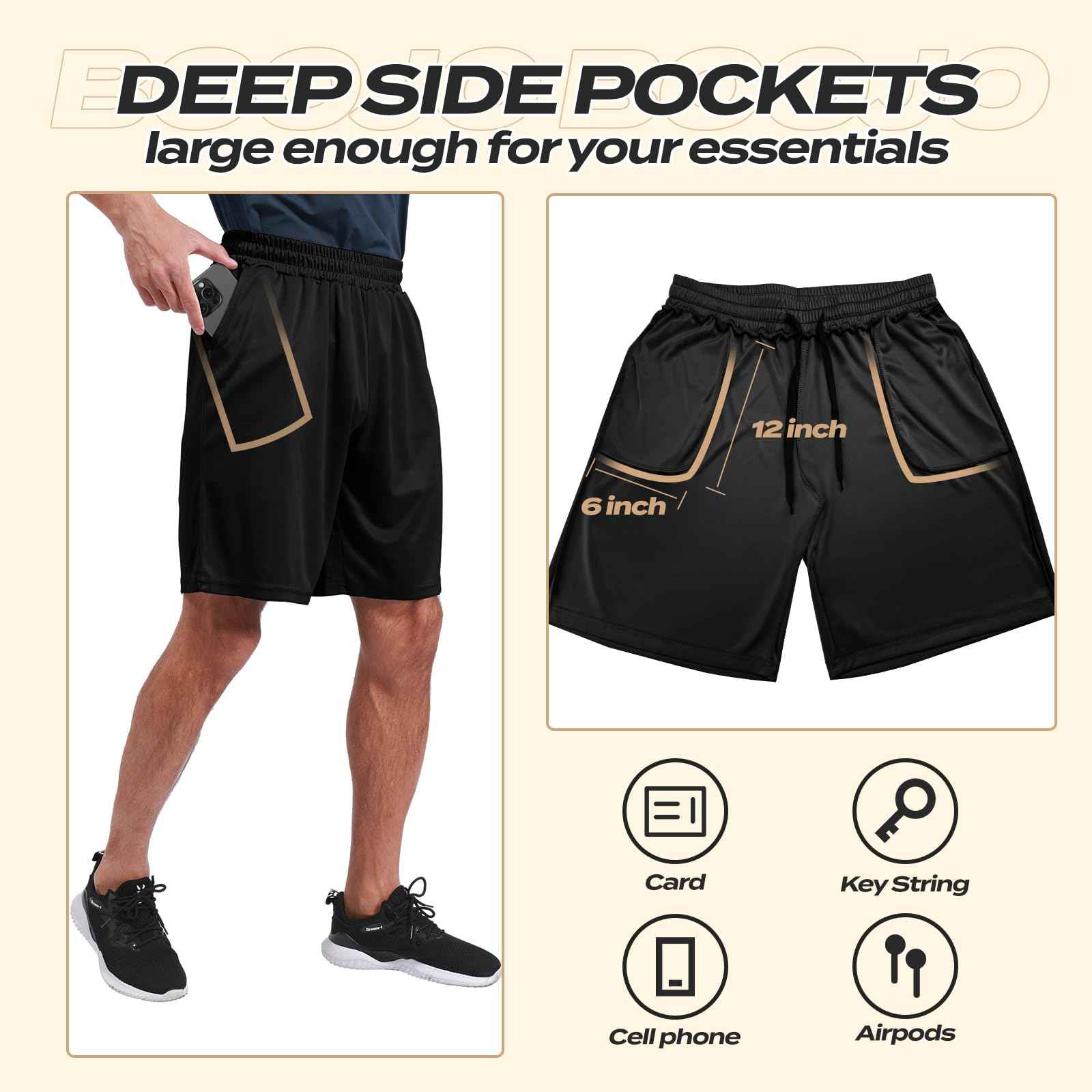 BOOJO 5 Pack Athletic Gym Mens Shorts - Workout Black Quick Dry Basketball Shorts with Pockets for Running Casual Activewear