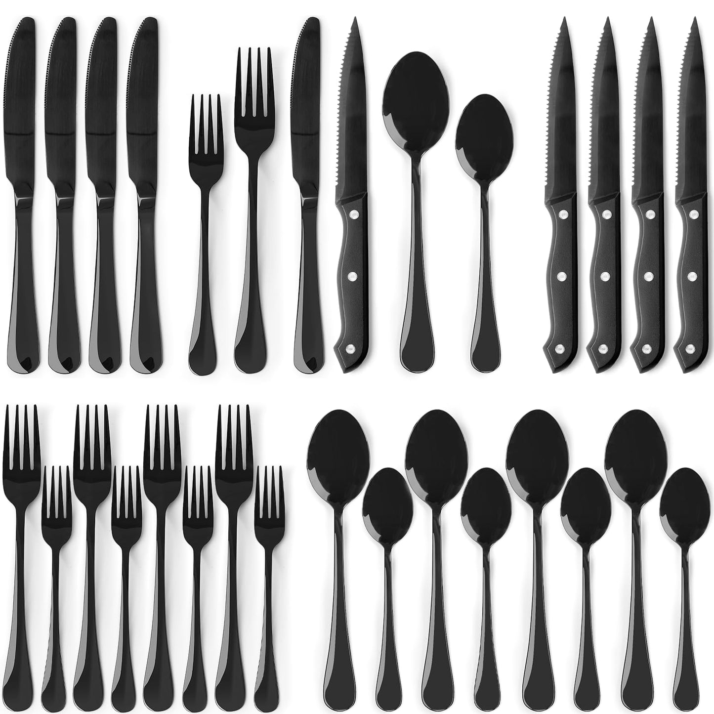 Astercook Black Silverware Set with Steak Knives Flatware Set Food-Grade Stainless Steel Cutlery Set Mirror Polished Utensils Set Include Spoons and Forks for Home Kitchen Restaurant