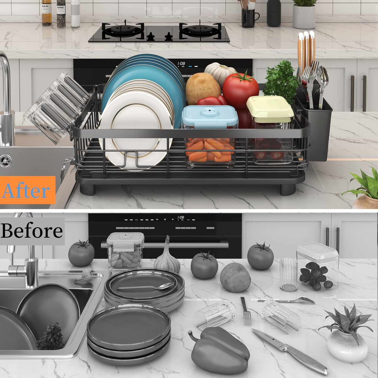 Godboat Dish Drying Rack, Dish Rack with Auto-Drain & Mat，2-Tier and 1-Tier, Black