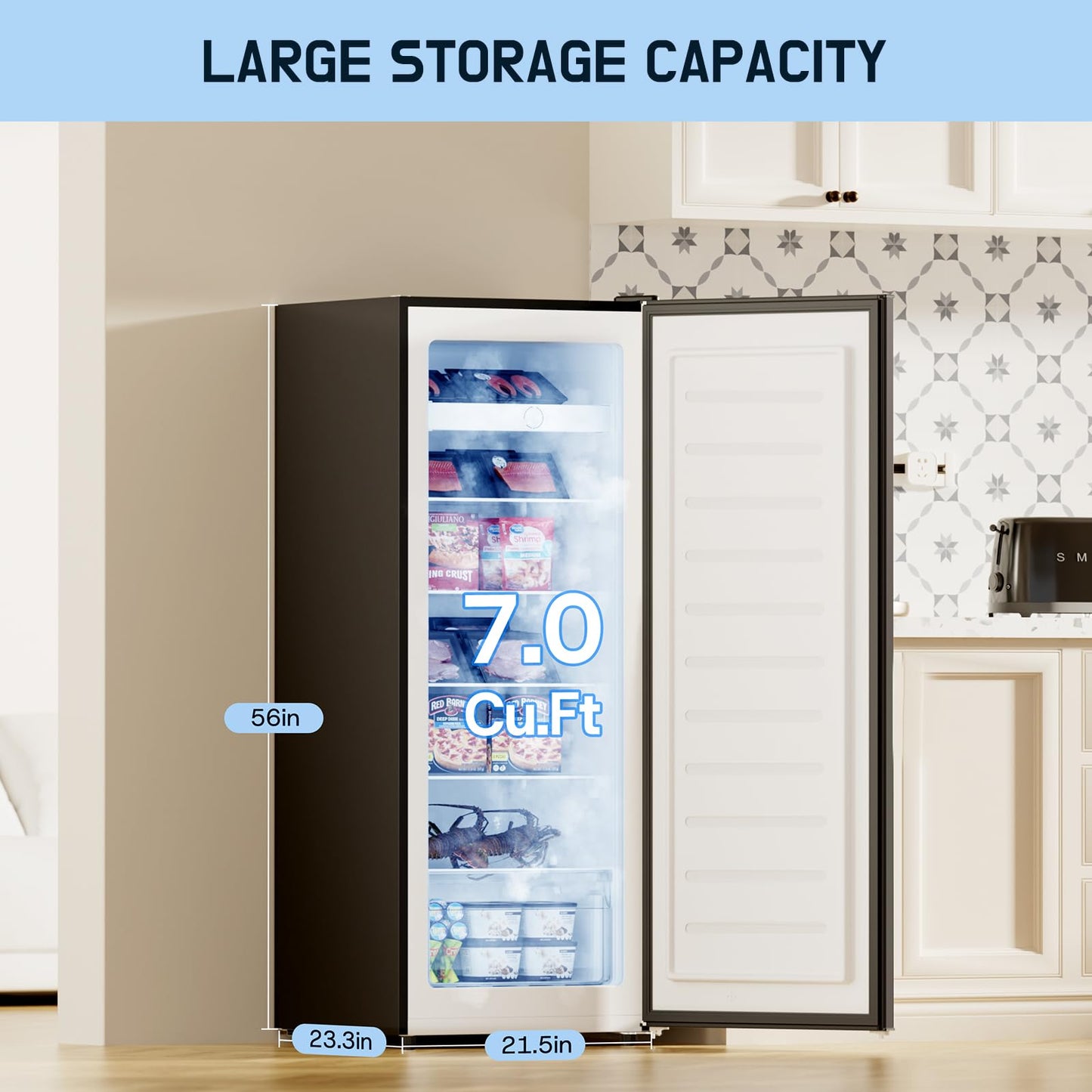 Upstreman 7.0 Cu.Ft Upright Freezer, Large Capacity Stand Up Garage Ready Freezer with 5 Adjustable Shelves, Convertible Refrigerator/Freezer, Reversible Door for Home, Basement, Apartment