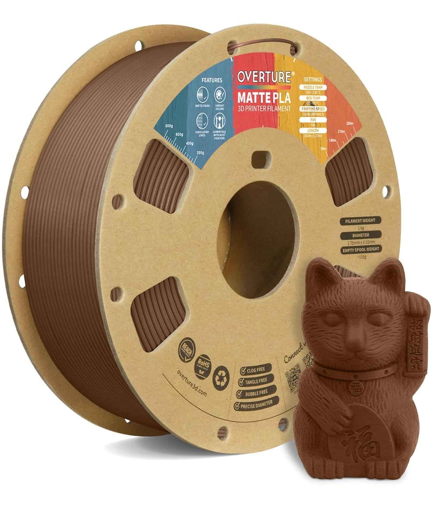 OVERTURE Matte PLA 3D Printer Filament 1.75mm, Matt Surface & Low Warping Filament 1kg Spool (2.2 lbs), Accuracy +/- 0.02 mm, Fit Most FDM Printers