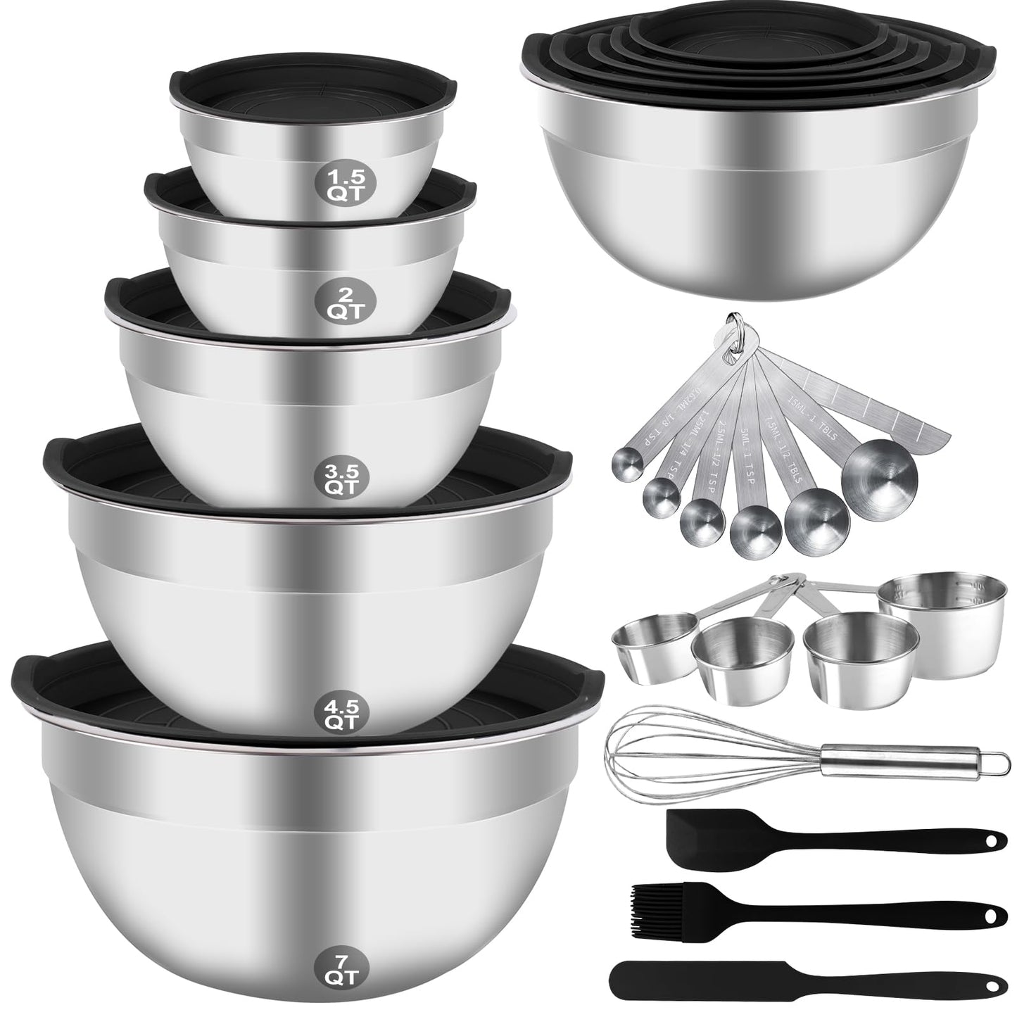 WEPSEN Electric Hand Mixer & Mixing Bowls with Airtight Lids, Handheld Mixers with Whisks Beater, Stainless Steel Metal Nesting Bowl Measuring Cups Spoons Kitchen Cake Blender for Prep Baking Supplies