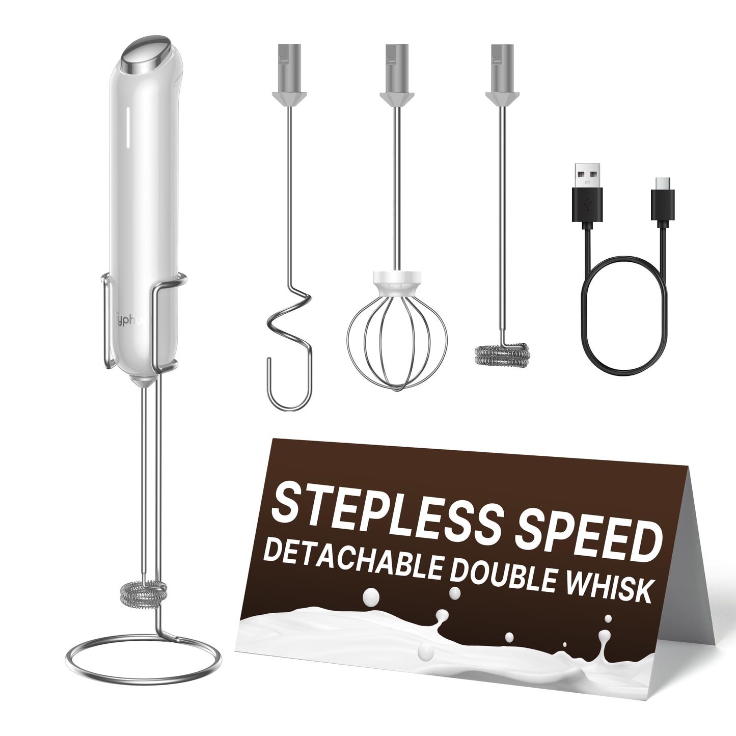 InstaWhisk Milk Frother with Variable Speed, Rechargeable Coffee Frother Wand with Detachable Double Whisk, Handheld Electric Stirrer for Latte, Cappuccino, Almond Milk, Protein