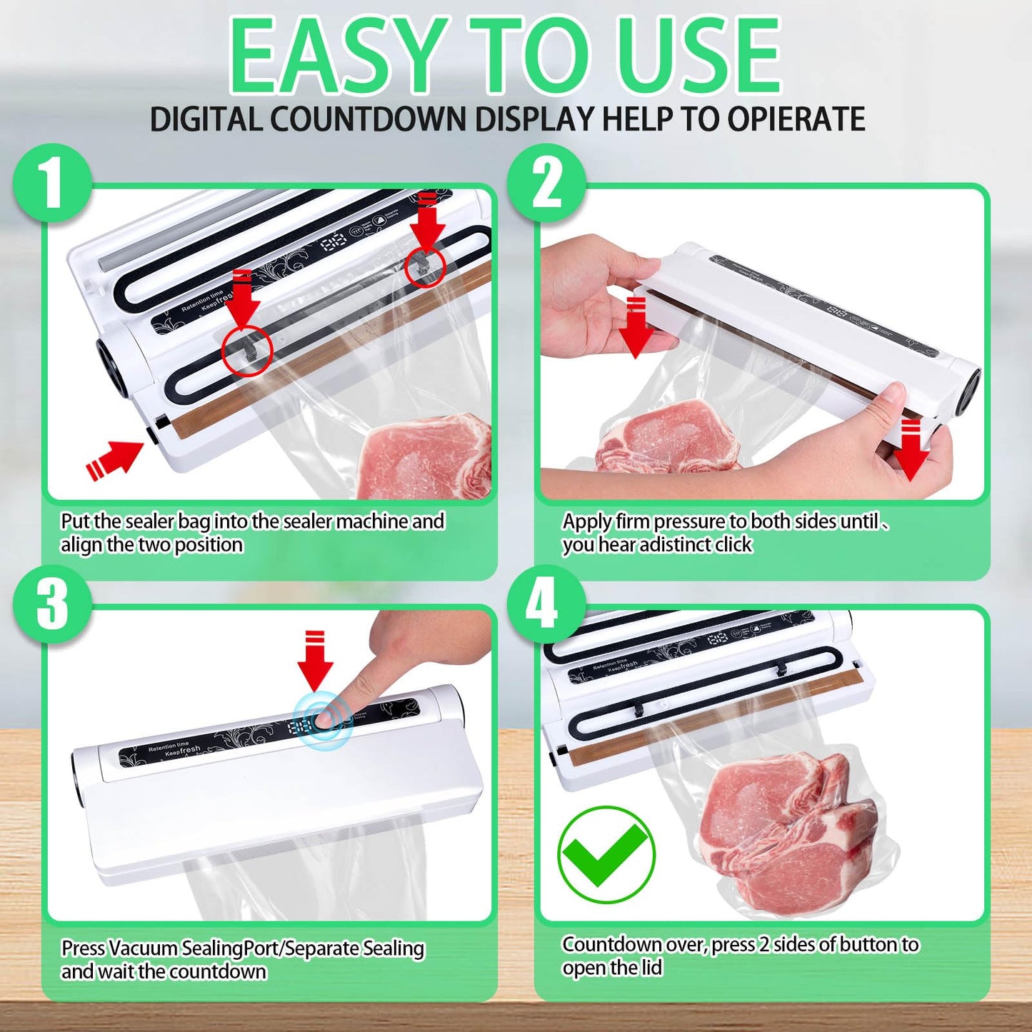 Food Vacuum Sealer Machine,Dry/Wet Modes,75KPA Strong Suction,Compact Household Vacuum Sealer,Digital Countdown Timer,Includes 20 Vacume Sealed Bags,for Home Kitchen Use,Restaurant Food Storage