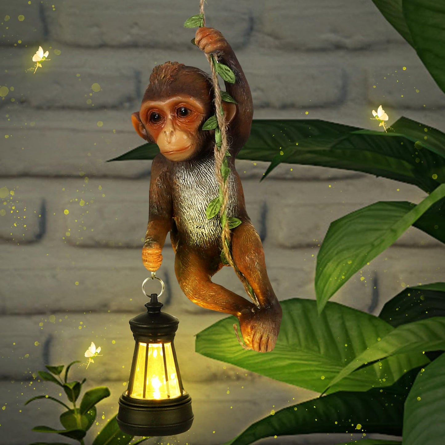Rossesay Solar Light Outdoor Statues 7.48'' H Resin Chimpanzee Baby Monkey Climbing On A 19.68" L Vine with LED Lantern Waterproof Hanging Monkey Figurine with Hook for Yard Garden Wall