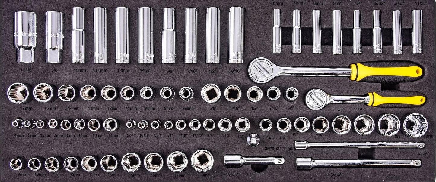 JEGS 170-Piece Mechanic's Tool Set - Includes Black Powder Coated Steel Toolbox, Sockets, Extenders, Ratchets, Wrenches, Screwdrivers, Pliers & Bits