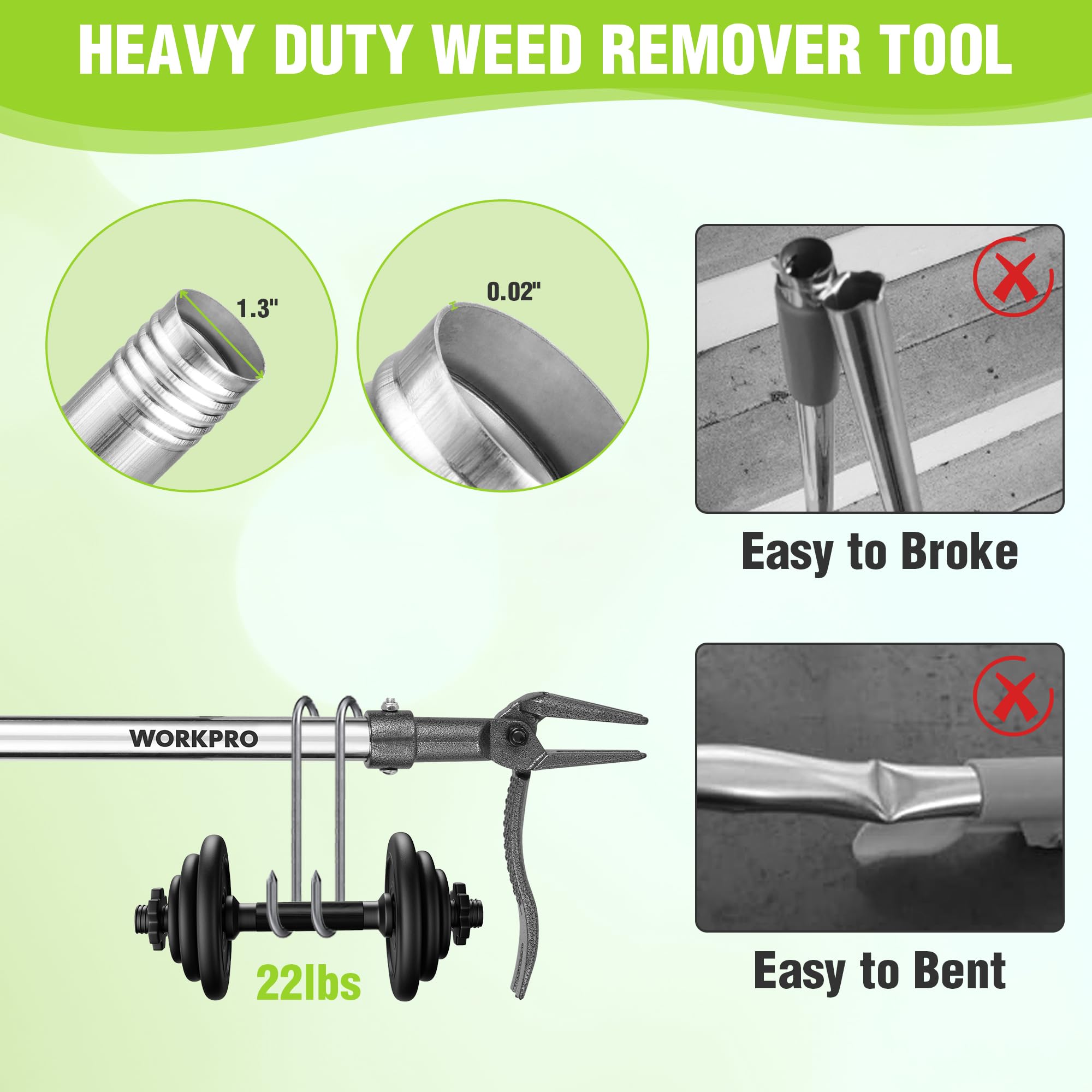 WORKPRO Weed Puller Tool with Long Adjustable Handle (33", 46"), Stand Up Heavy Duty Weed Remover- 4 Claw Steel Head & Foot Pedal for Easy Weeding, Detachable Dandelion Picker for Lawn/Yard/Garden