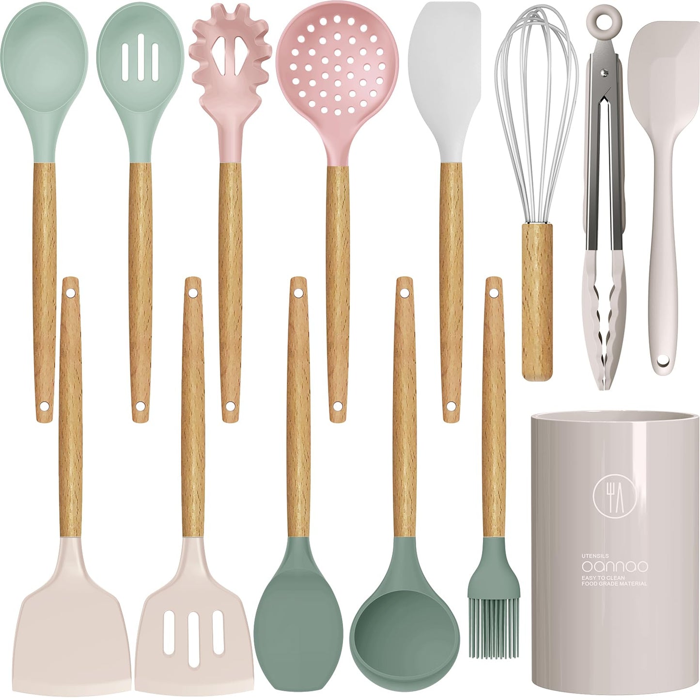 14 Pcs Silicone Cooking Utensils Kitchen Utensil Set - 446°F Heat Resistant,Turner Tongs, Spatula, Spoon, Brush, Whisk, Wooden Handle Gray Kitchen Gadgets with Holder for Nonstick Cookware (BPA Free)