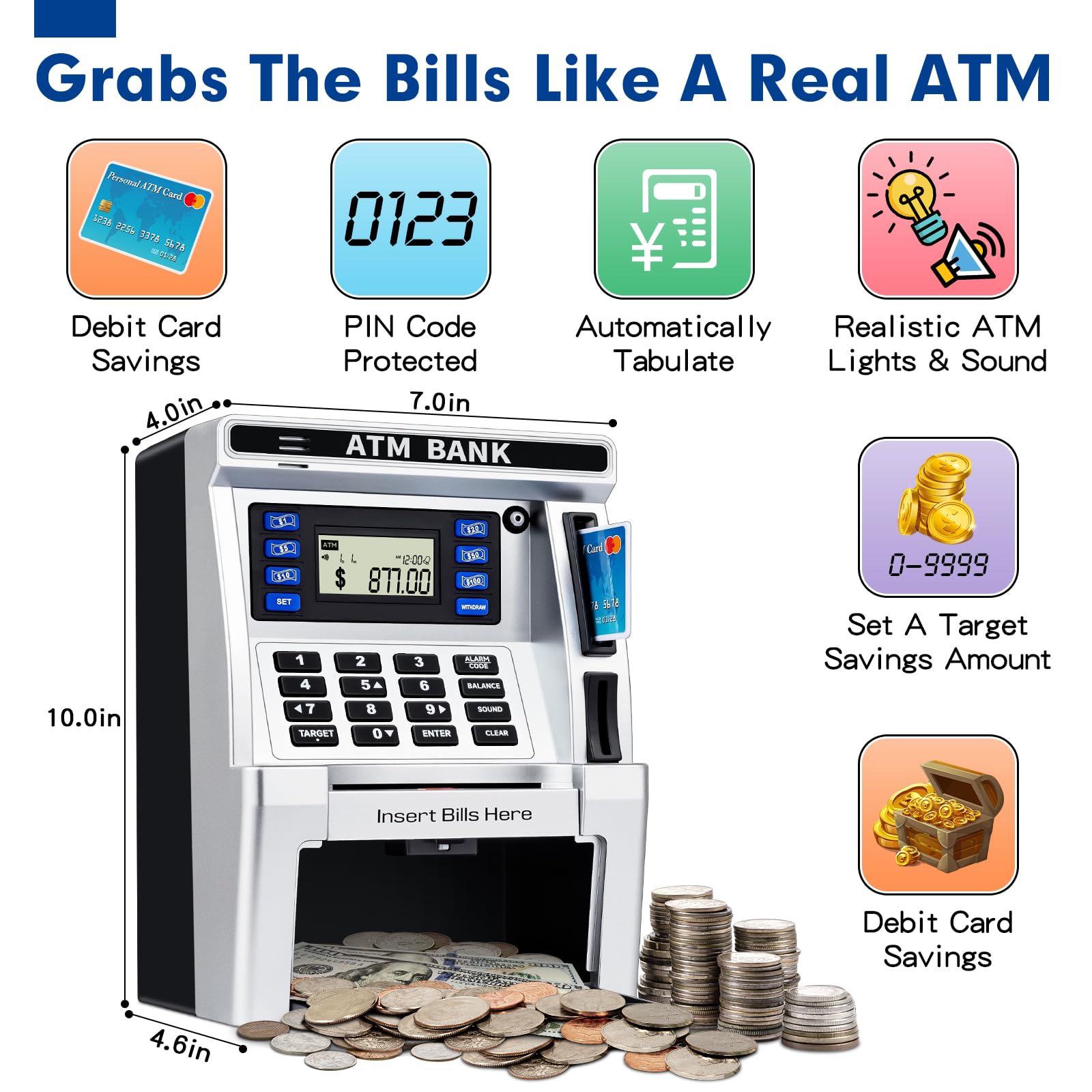 ATM Piggy Bank for Kids, ATM Machine for Real Money, Electronic Savings Safe Box, Toy Gifts for Teen Boys Girls