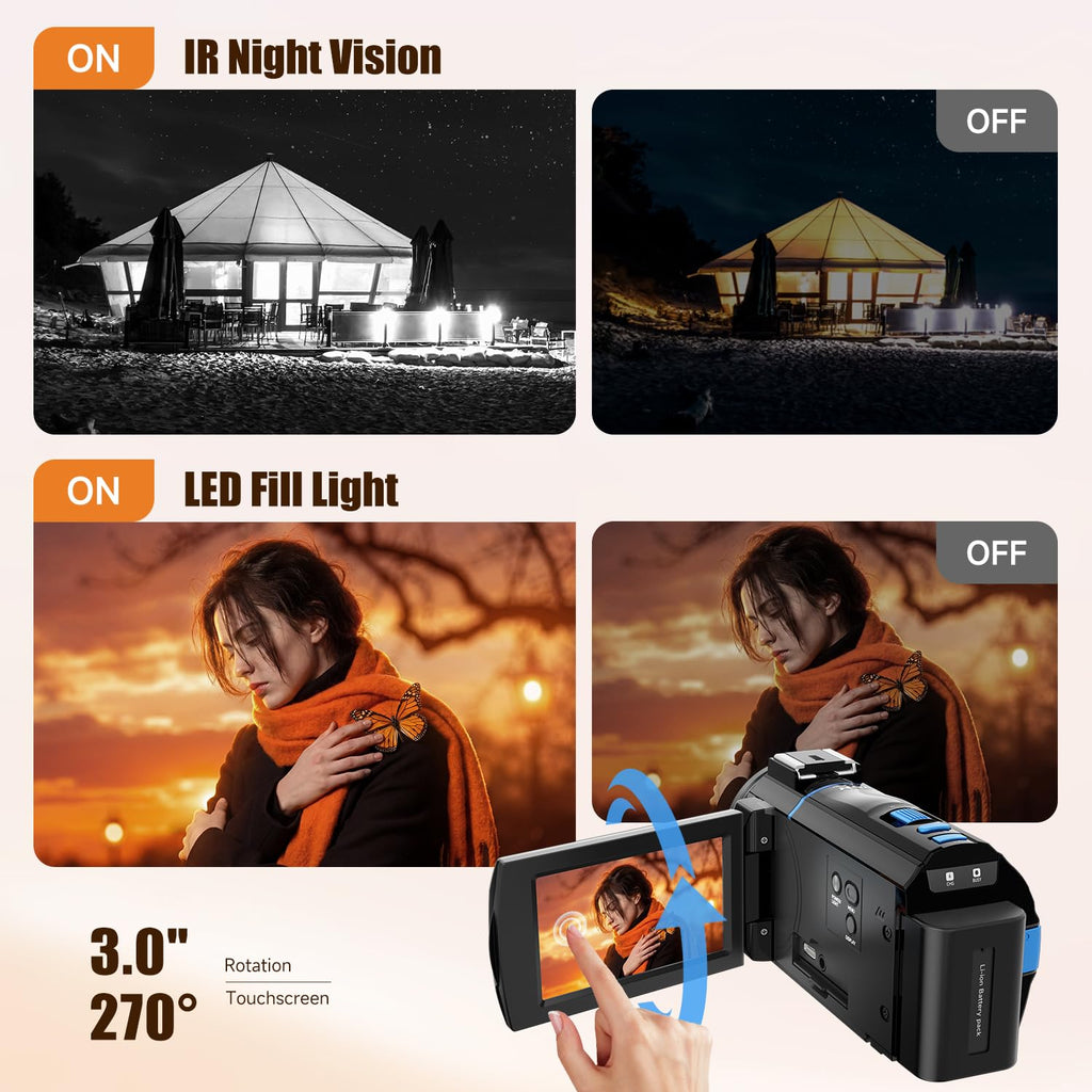 TryTalk 5K Video Camera Camcorder UHD 64MP Vlogging Camera for YouTube with 3.0” 270° Rotatable Touchscreen, 16X Zoom Video Recorder with IR Night Vision/External Microphone