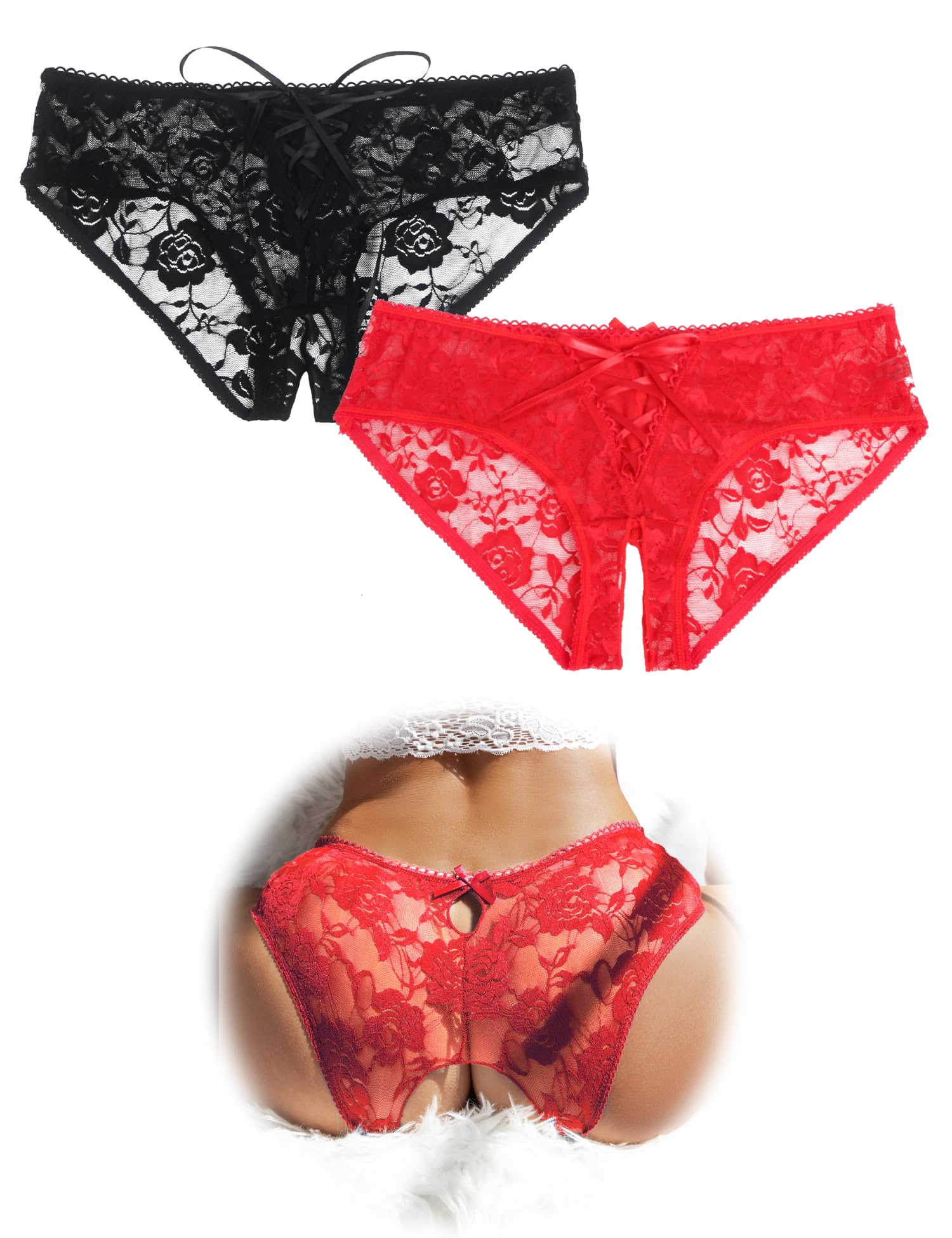 ohmydear Womens Lace Boyshorts Crotchless Sexy Panties Crisscross Strappy Underwear Plus Size Hipster Briefs XS-4XL