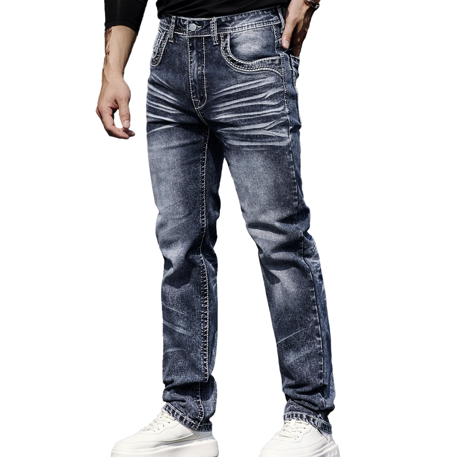 Men's Jeans - Embroidery Washed Crackle Design Jeans Relaxed Fit Stretch Casual Jeans Comfortable Classic Fit Jeans