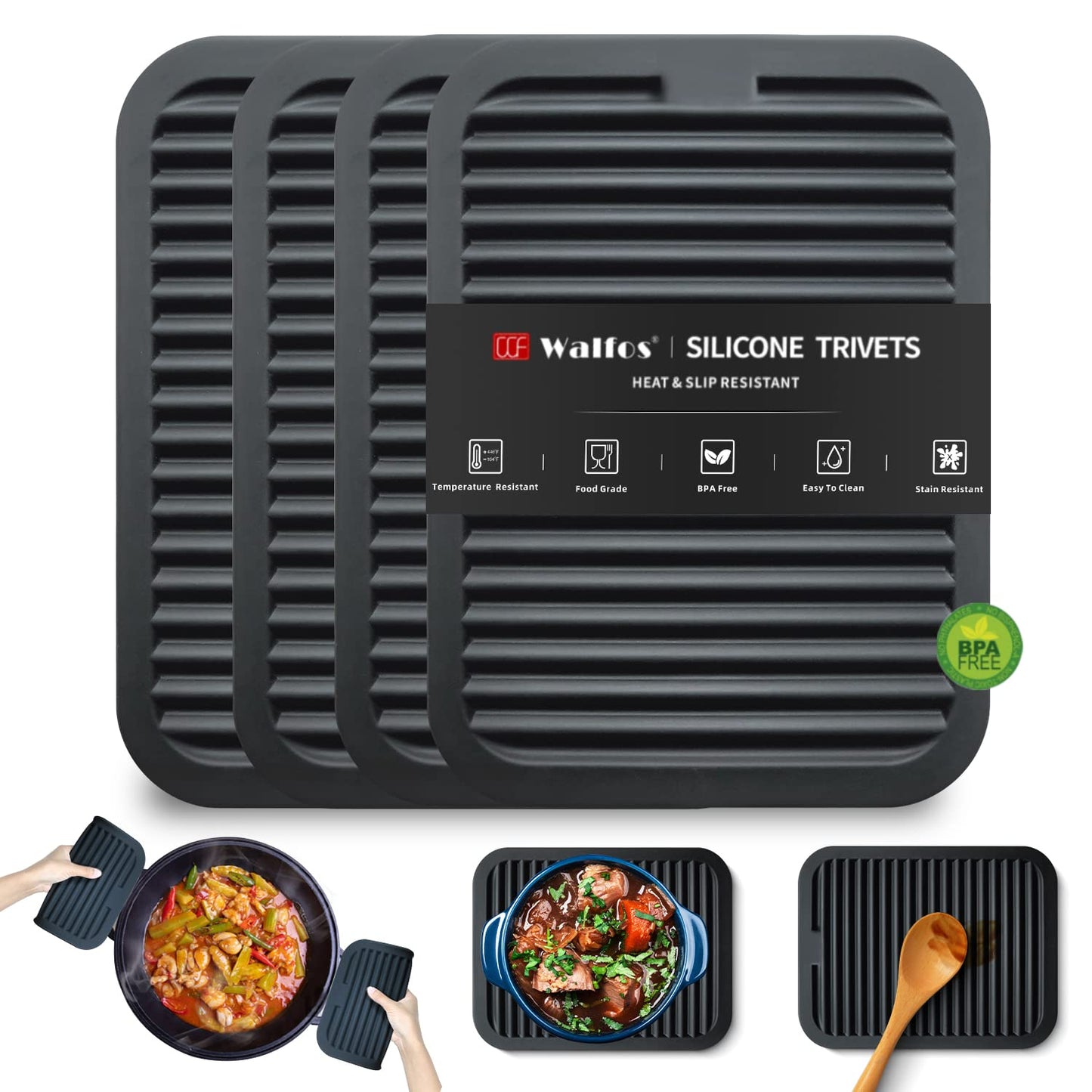 Walfos Silicone Trivets Set - Heat Resistant Pot Holder, Non-Slip & Flexible,Multi-Purpose Kitchen Table Mat, Prefect for Hot Dishes,Spoon Holder, Oven Mitt