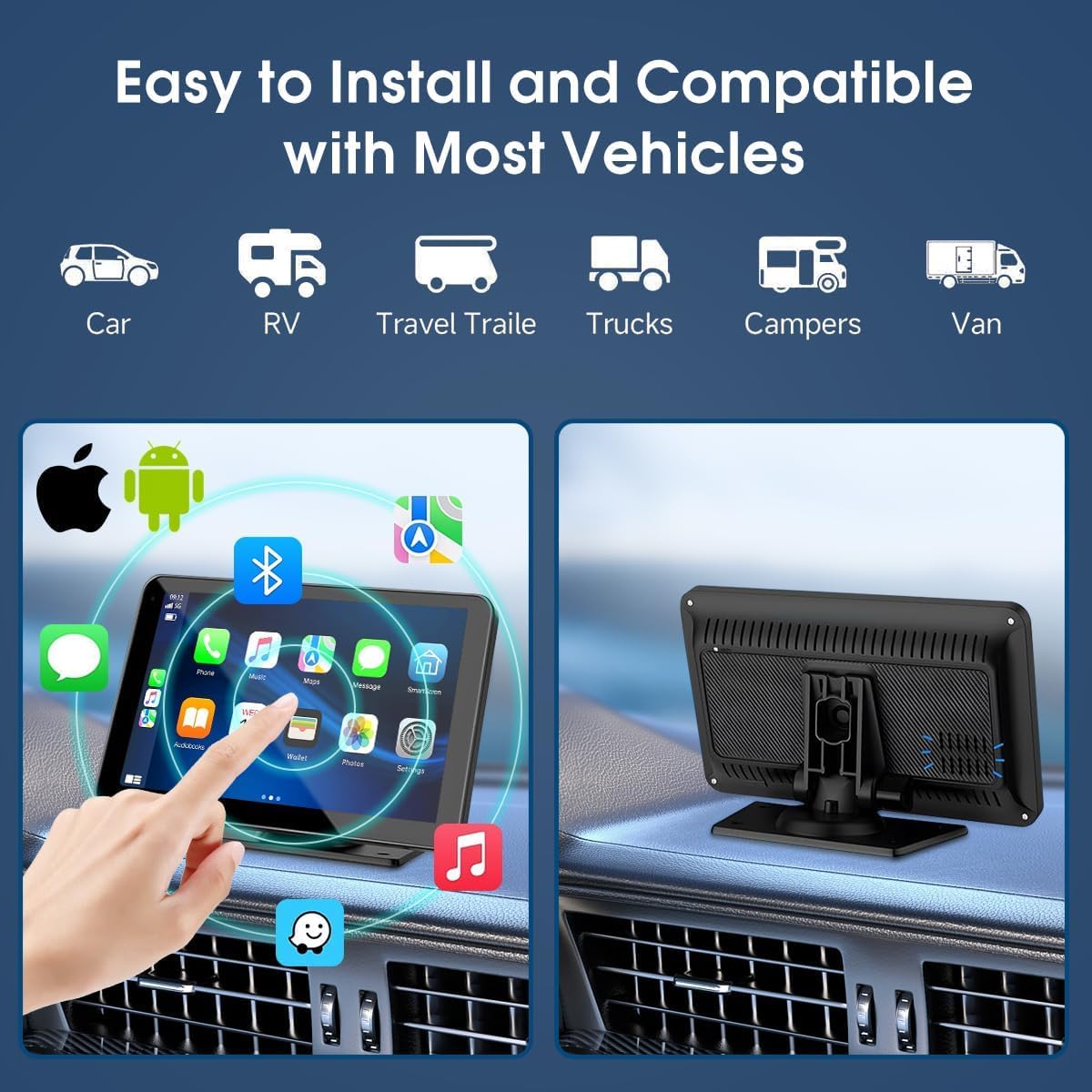 Carplay Screen for Car, 7'' Wireless CarPlay & Android Auto- Upgrade Portable Touchscreen with Bluetooth, Mirror Link, Voice Control, Hands-Free Calling Car Play Screen Stereo for All Vehicles