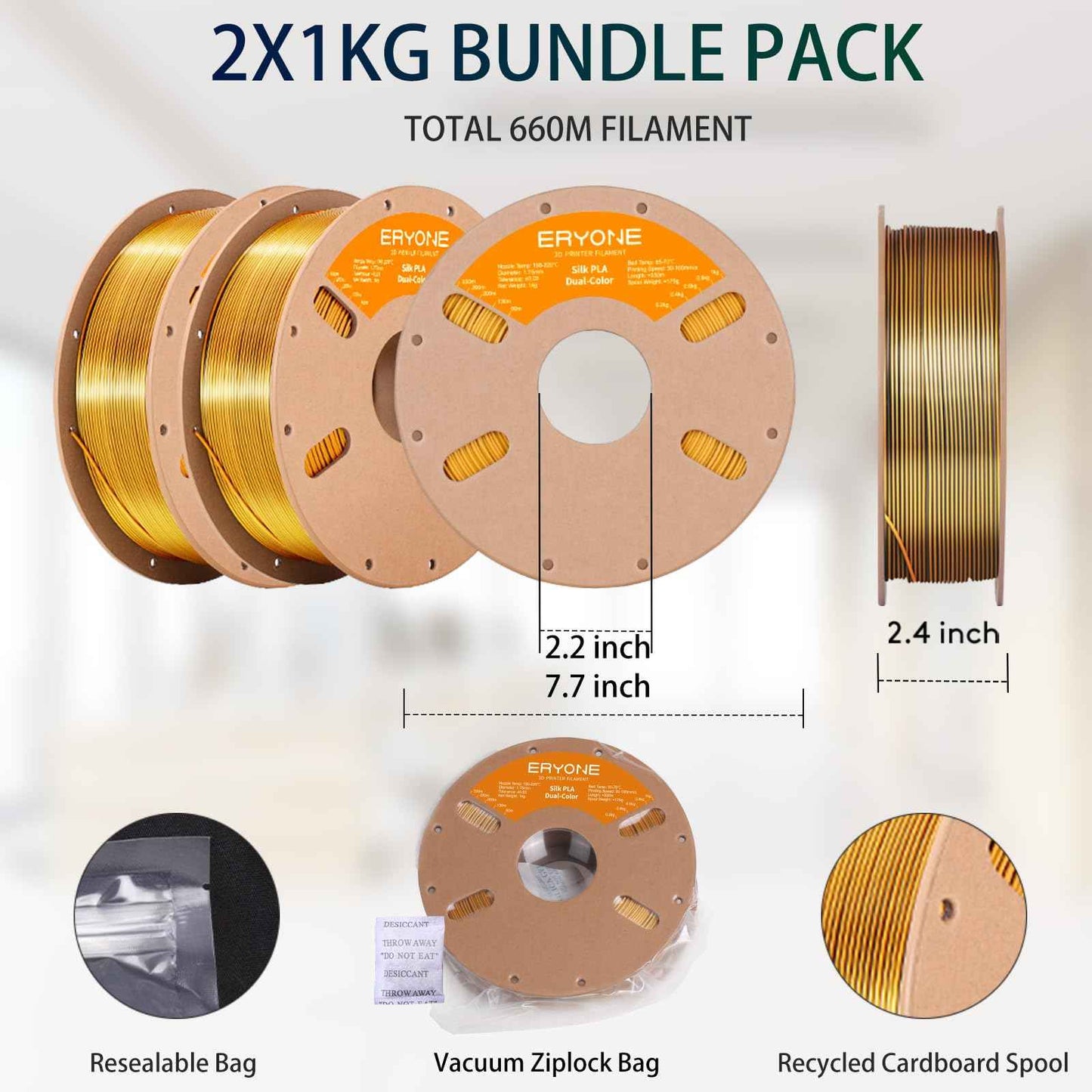 ERYONE Silk Color PLA Filament 3D Printer 1.75mm +/- 0.03mm, Filament PLA Cardboard Spool