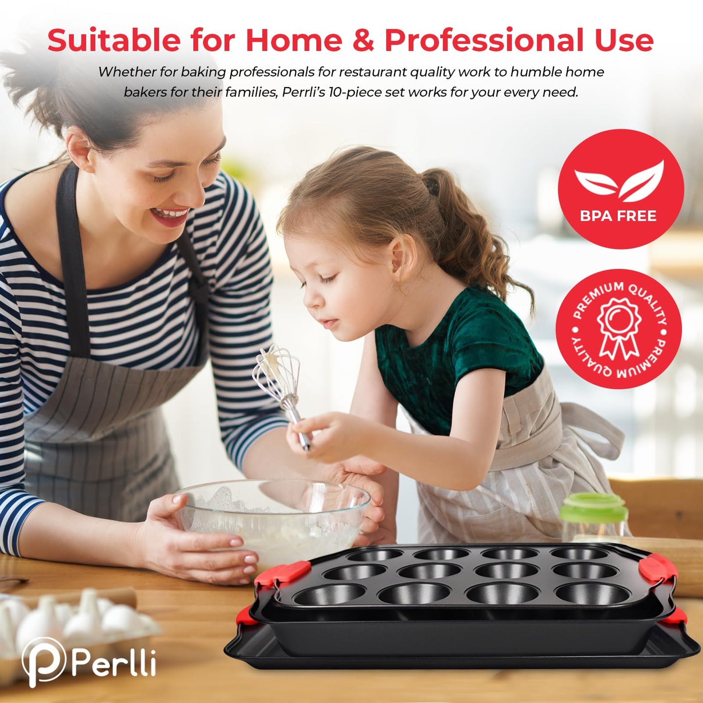 PERLLI Non-Stick Baking Pan Set, BPA-Free Carbon Steel Bakeware Set with Silicone Handles, Stackable Kitchen Oven Set, Cookie Sheet, Baking Tray, Baking Sheet Set, Oven Safe (446°F)