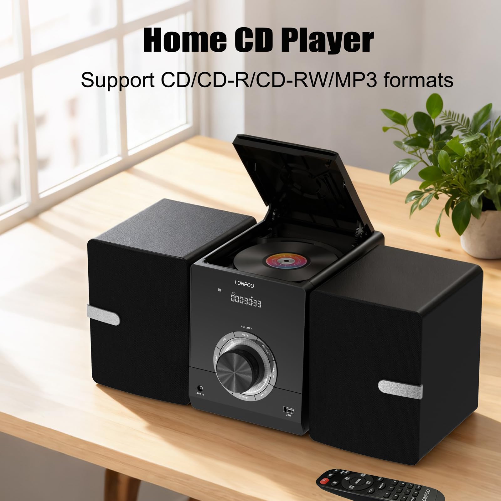 Compact Stereo System Speakers with CD Player, Bluetooth, FM Radio, Aux-in, USB-in, Earphone Jack, DSP-Tech, Remote, 30W Crisp-Sound Shelf Stereo System for Home