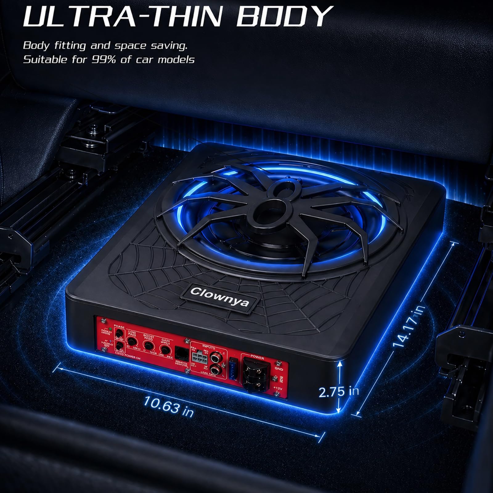 10" 1200W Slim Under-Seat Powered Car Subwoofer with Built-in Amplifier, High/Low Level Inputs, Blue LED Ambient Light, Remote Control for Gain, Bass Boost & LPF, Deep Bass for Truck/SUV/Jeep/MPV