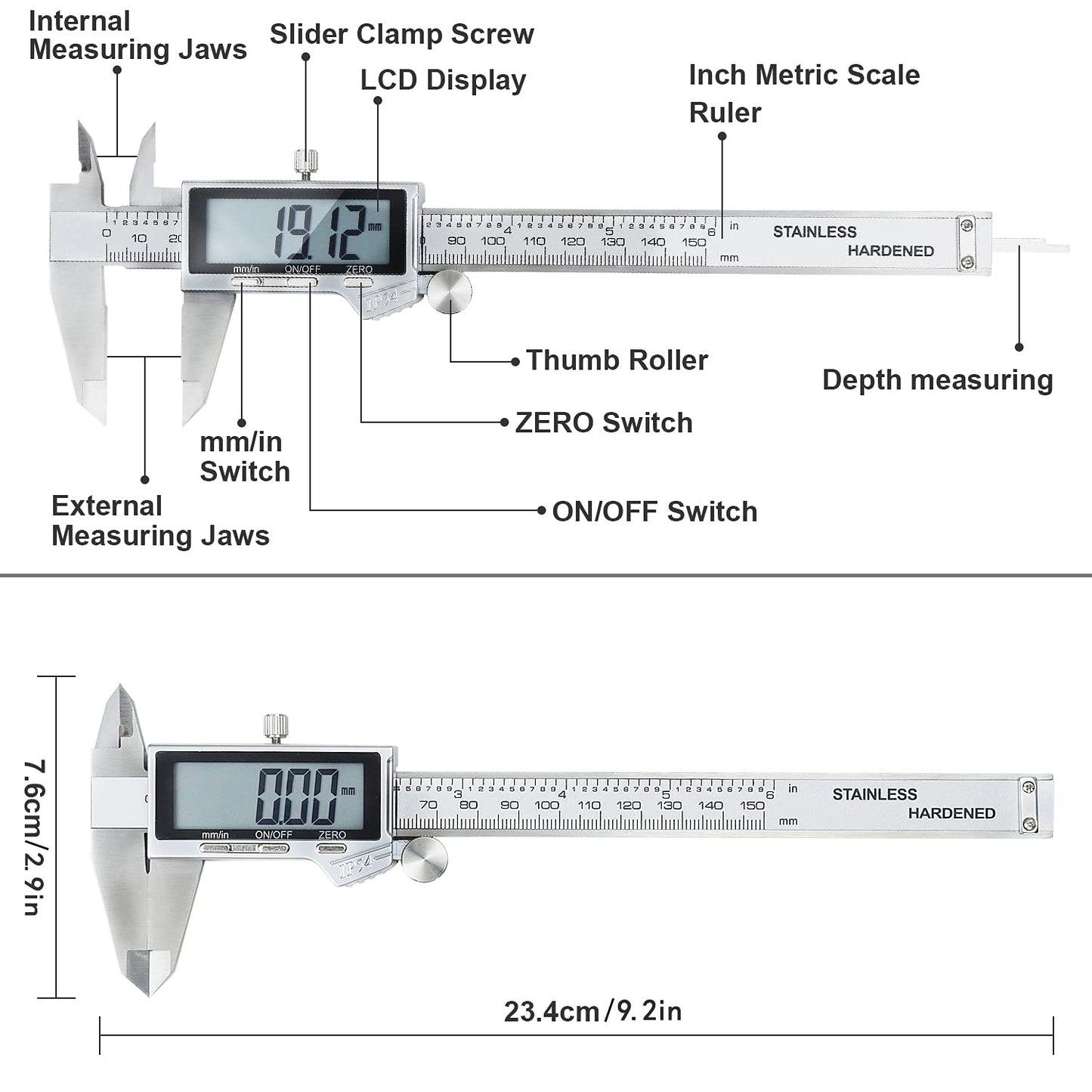 Digital Caliper, Caliper Measuring Tool with Stainless Steel, Electronic Micrometer Caliper with Large LCD Screen, Auto-Off Feature, Inch and Millimeter Conversion (6 Inch/150 mm)