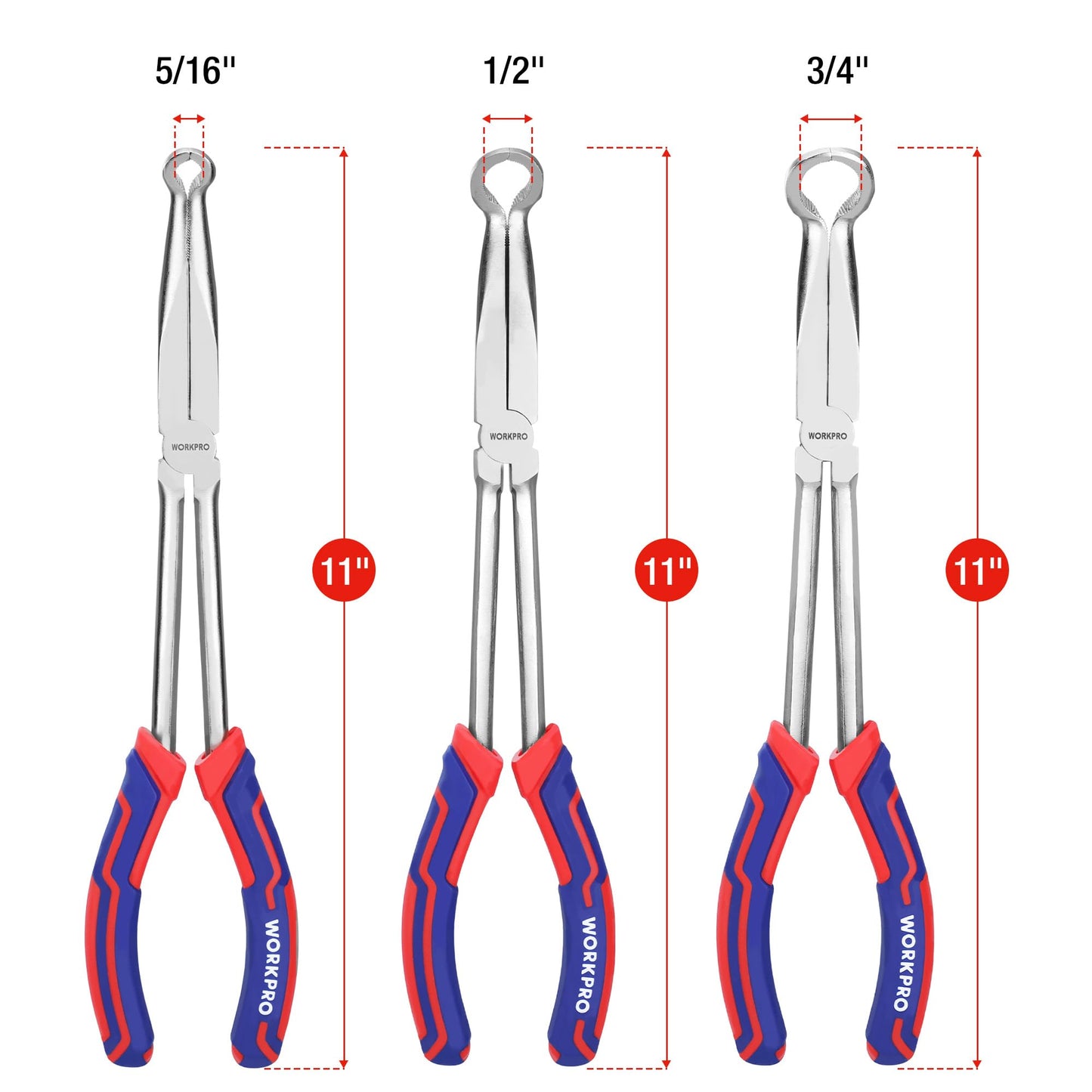 WORKPRO 3 PCS 11" Hose Gripper Plier Set, Long Reach Hose Gripping Pliers, 5/16-Inch, 1/2-Inch, 3/4-Inch Dia, Spark Plug Boot Removal Pliers, Serrated Jaws for Hard to Reach Narrow Spaces