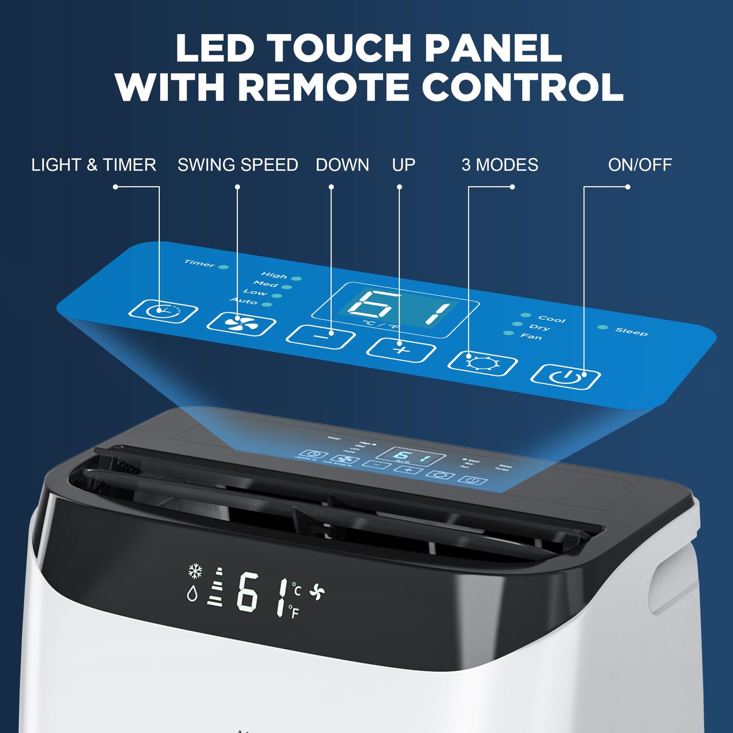 DOMANKI Portable Air Conditioner 3-IN-1 Energy Efficient Portable AC Unit with Remote Control Installation Kits for Large Room, Office, Temporary Space