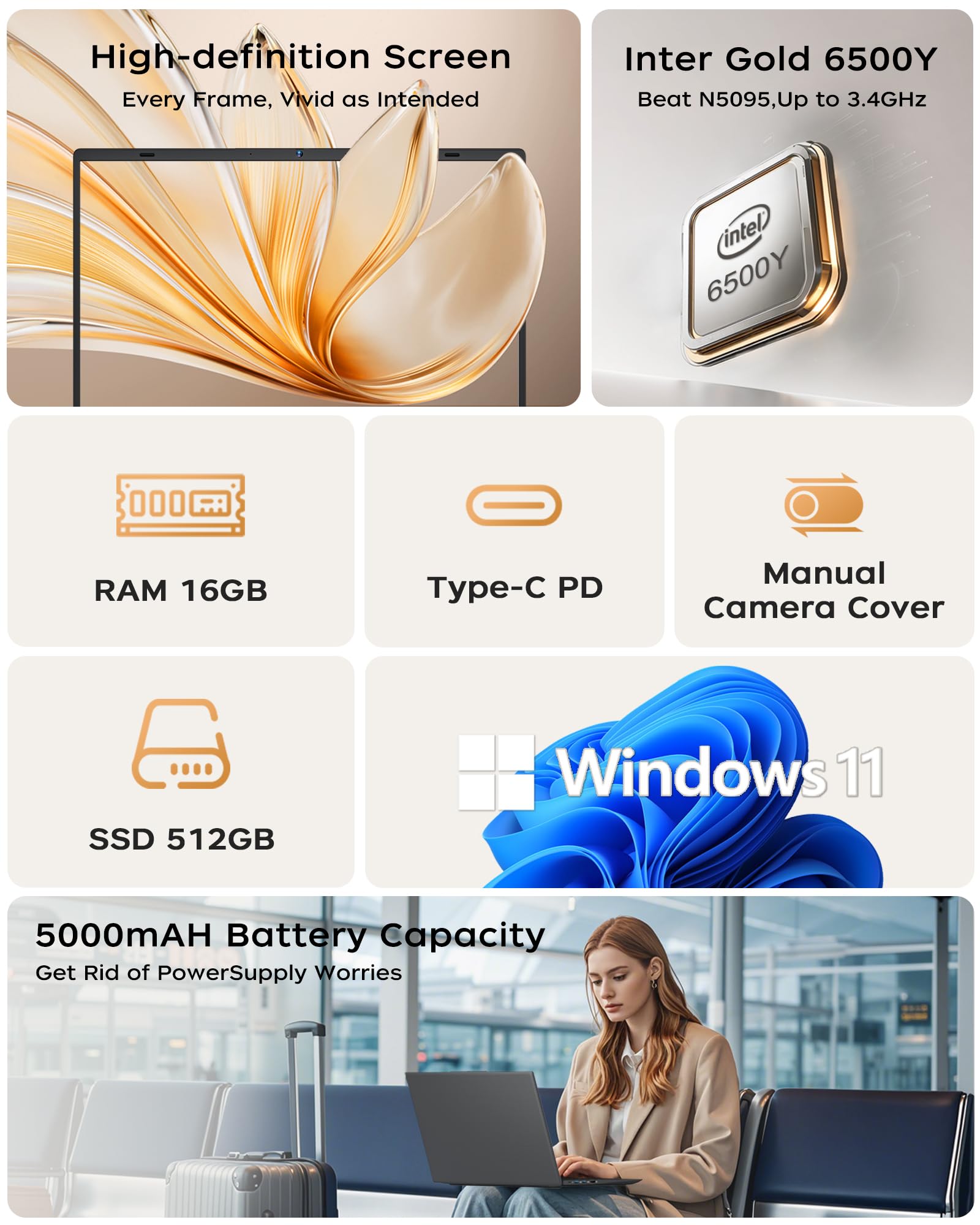 BLUEING 15.6" Laptop Computer, Laptop with Gold 6500Y (Up to 3.4GHz), 1080P FHD IPS Display, Laptops