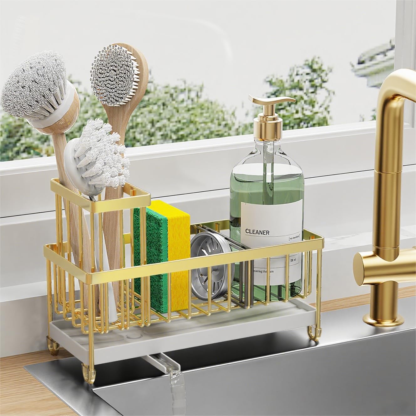 Cisily Sponge Holder for Kitchen Sink, Sink Caddy Organizer with High Brush Holder, Kitchen Countertop Organizers and Storage Essentials, Rustproof 304 Stainless Steel