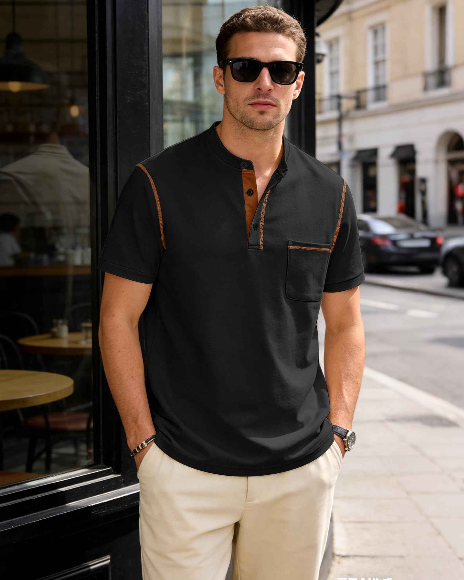 QOSOQ Men's Henley Shirt Short Sleeve T-Shirt Casual Top Pullover Summer Lightweight Tee Shirts with Button