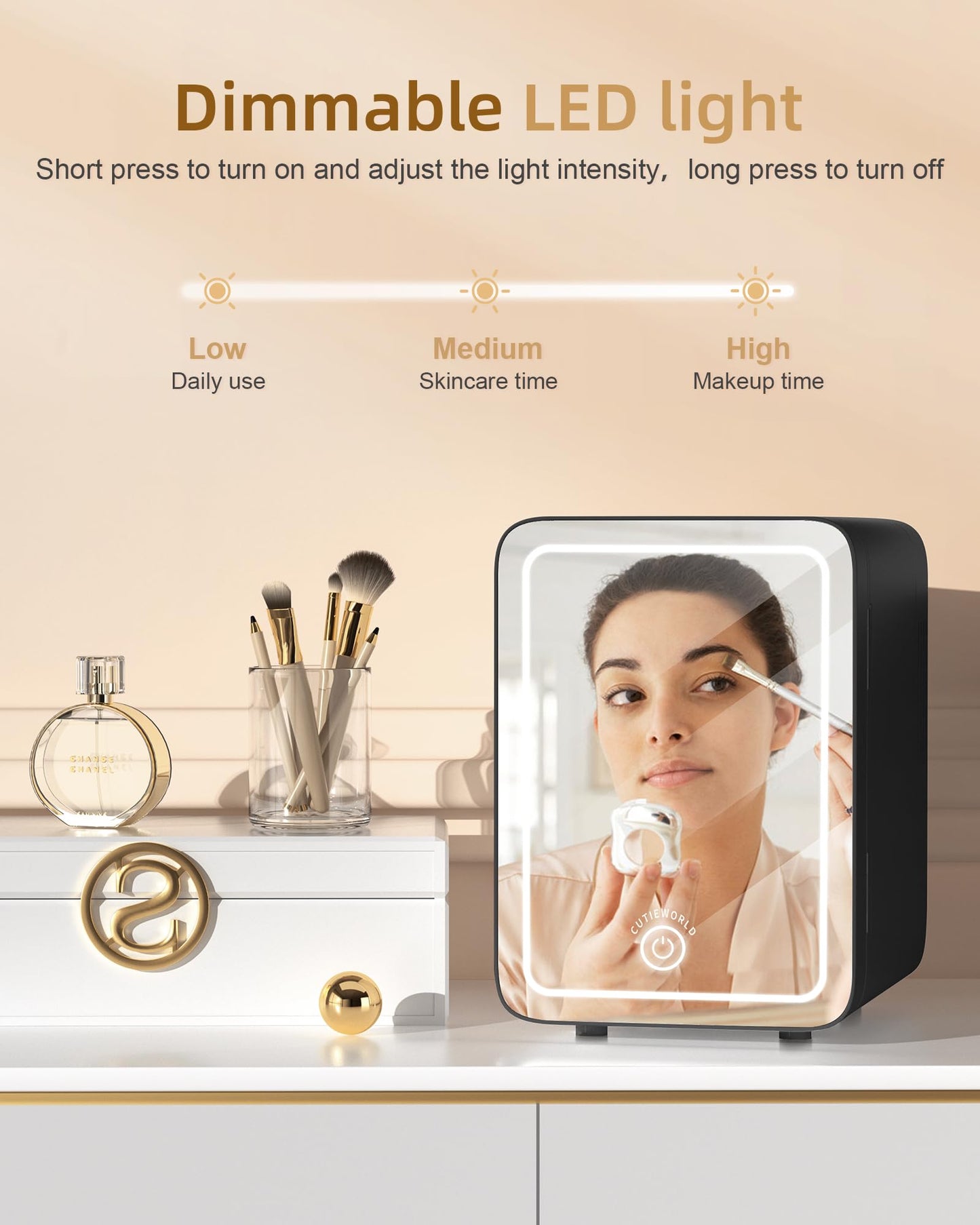 CUTIEWORLD Skincare Fridge With Dimmable LED Light Mirror