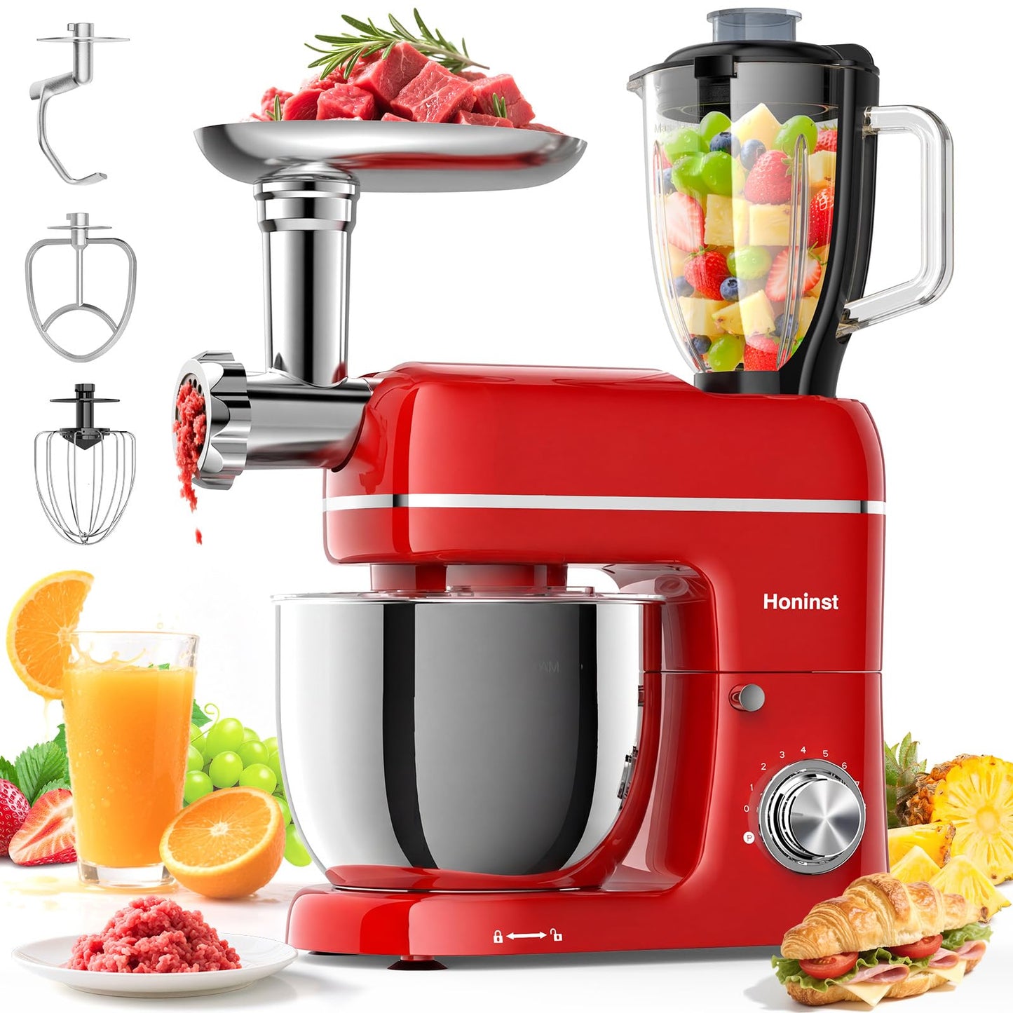 Honinst 7-IN-1 Multifunctional Stand Mixer, 6.5 QT 8-Speed Tilt-Head Kitchen Mixer, Electric Food Mixer with Meat Grinder, Juice Blender, Dough Hook, Beater, Whisk, Bowl for Most Home Cooks