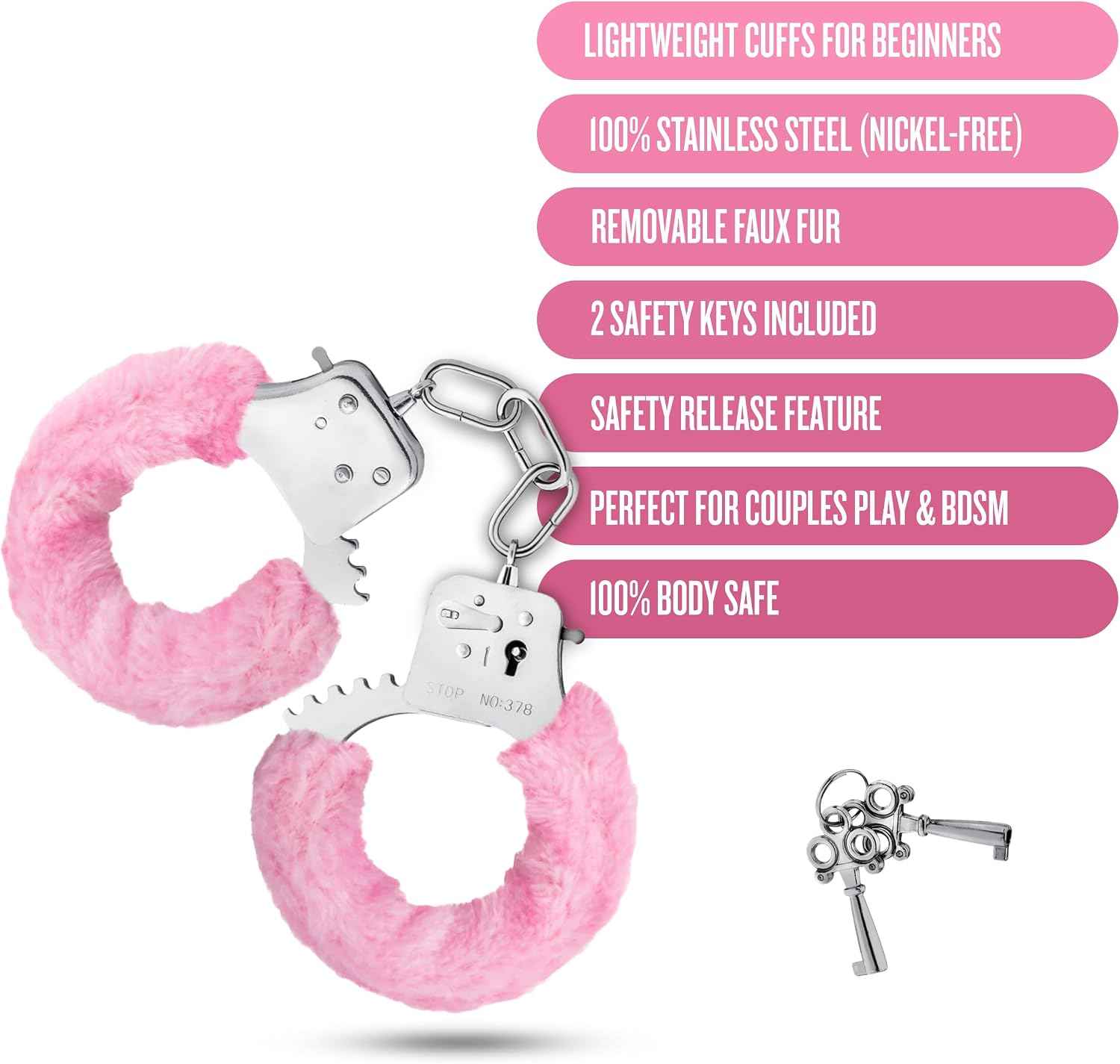 Blush Temptasia Beginner Cuffs 10.5" - Pink Faux Fur Lightweight Metal Handcuffs - Adjustable Bondage Cuffs w/Safety Release & 2 Keys - Women & Men BDSM, Role Play & Fetish Fantasy Restraint Sex Toy