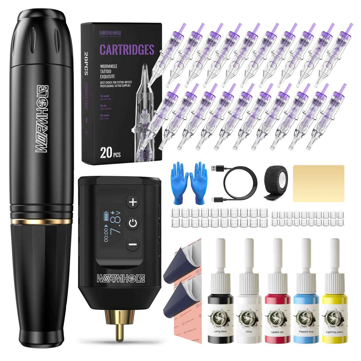 Tattoo Kit, Wormhole Tattoo Gun Kit Tattoo Pen Kit Cartridge Tattoo Machine Kit for Beginners Rotary Tattoo Machine Pen Kit Tattoo Pen Type Machine Kit Professional Complete Tattoo Kit Tattoo Supplies