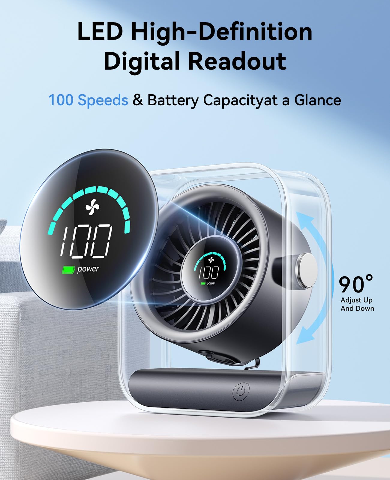 DIGIX USB Rechargeable Desk Fan, Small Portable Table Fan with 100 Speeds Turbo Airflow, 90° Tilt Quiet Desk Fans for Bedroom with LED Display, Personal Cooling Fan for Travel Office Camping