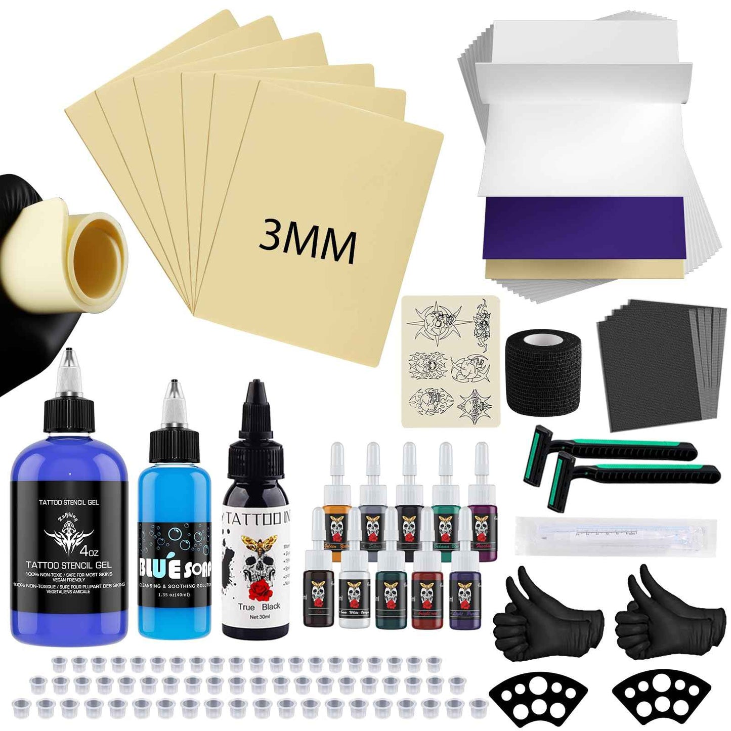 Tattoo Skin Practice Kit, Starter Tattoo Practice Kits with 2Pcs 3mm Fake Skins for Tattooing, 5Pcs Transfer Stencil Paper for Beginners Tattoo Practice Supplies